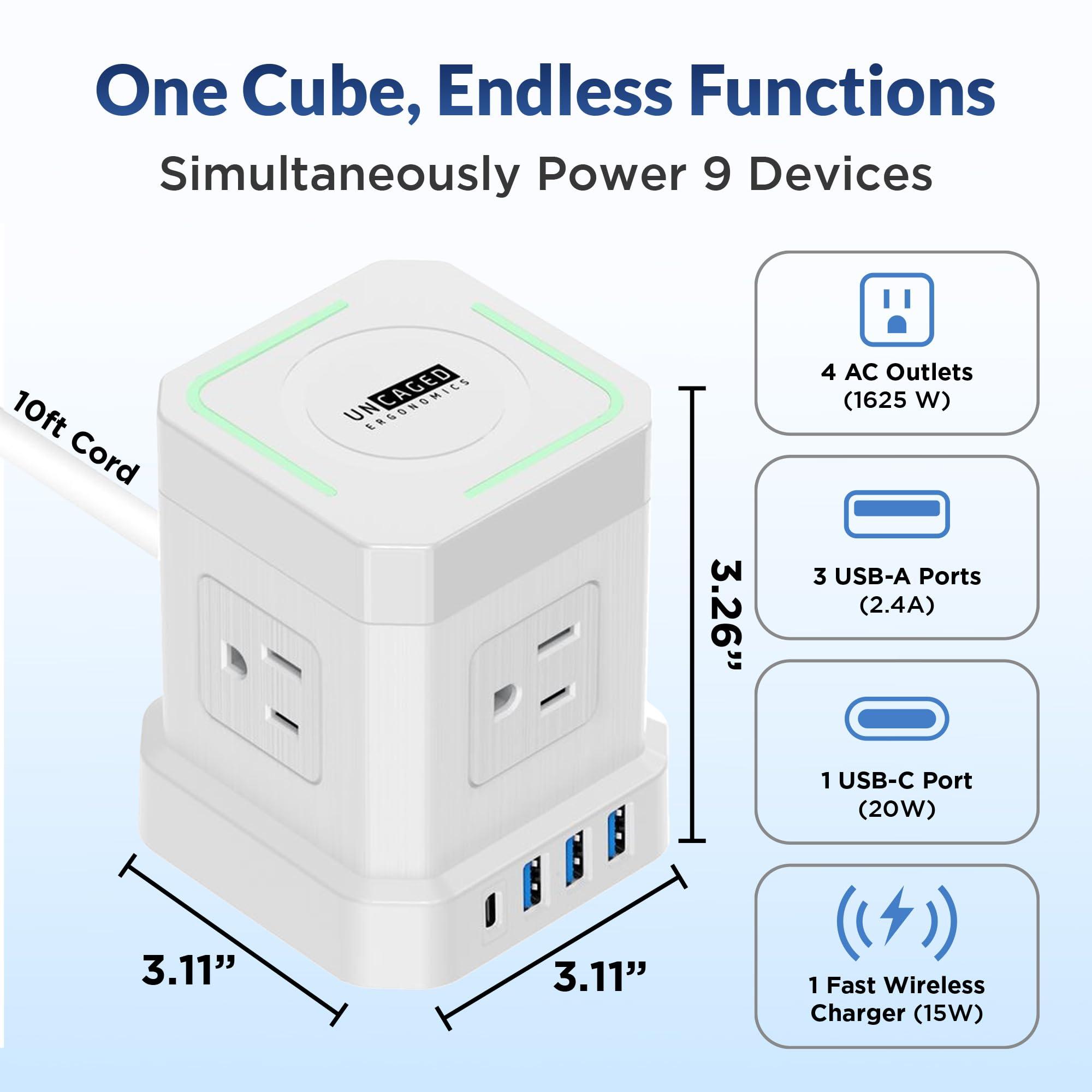 Uncaged Ergonomics Wireless Charger Cube Power Strip with USB Ports, Power Strips with Surge Protection, 10ft Extension Cord with Multiple Outlets, 4 AC Plugs, 3 USB, 1 USB-C Fast Charging, Mountable On/Off Switch
