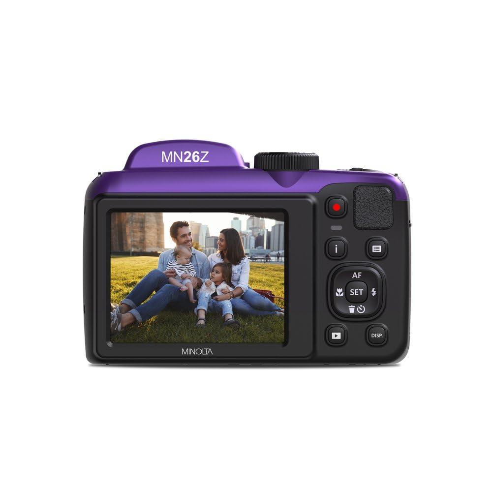 Minolta Minolta 20 Mega Pixels 26x Optical Zoom Digital Camera with 1080p FHD Video Bundle with 32 GB Memory Card + Vlogging Tripod + Cleaning kit + More Accessories - Purple