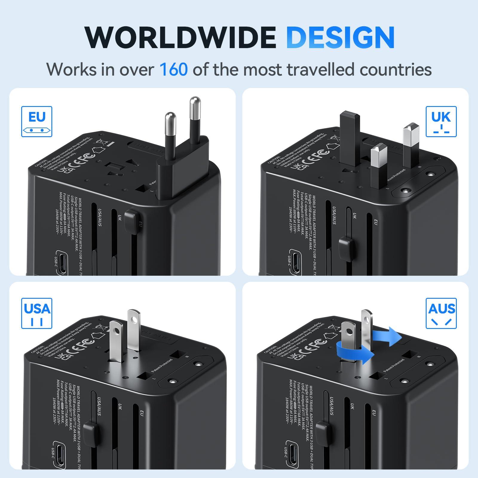 Unidapt International Power Plug Adapter, Unidapt Universal Travel Adapter with 3 USB C and 2 USB A Ports, European Worldwide Wall Charger for EU UK AUS USA, Black (JY-305C3)