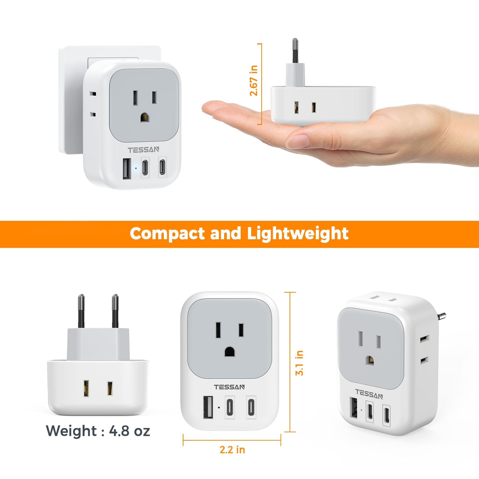 TESSAN TESSAN European Travel Plug Adapter USB C, Type C Power Adaptor with 4 AC Outlets for USA to EU Italy Iceland Spain France Greece Germany
