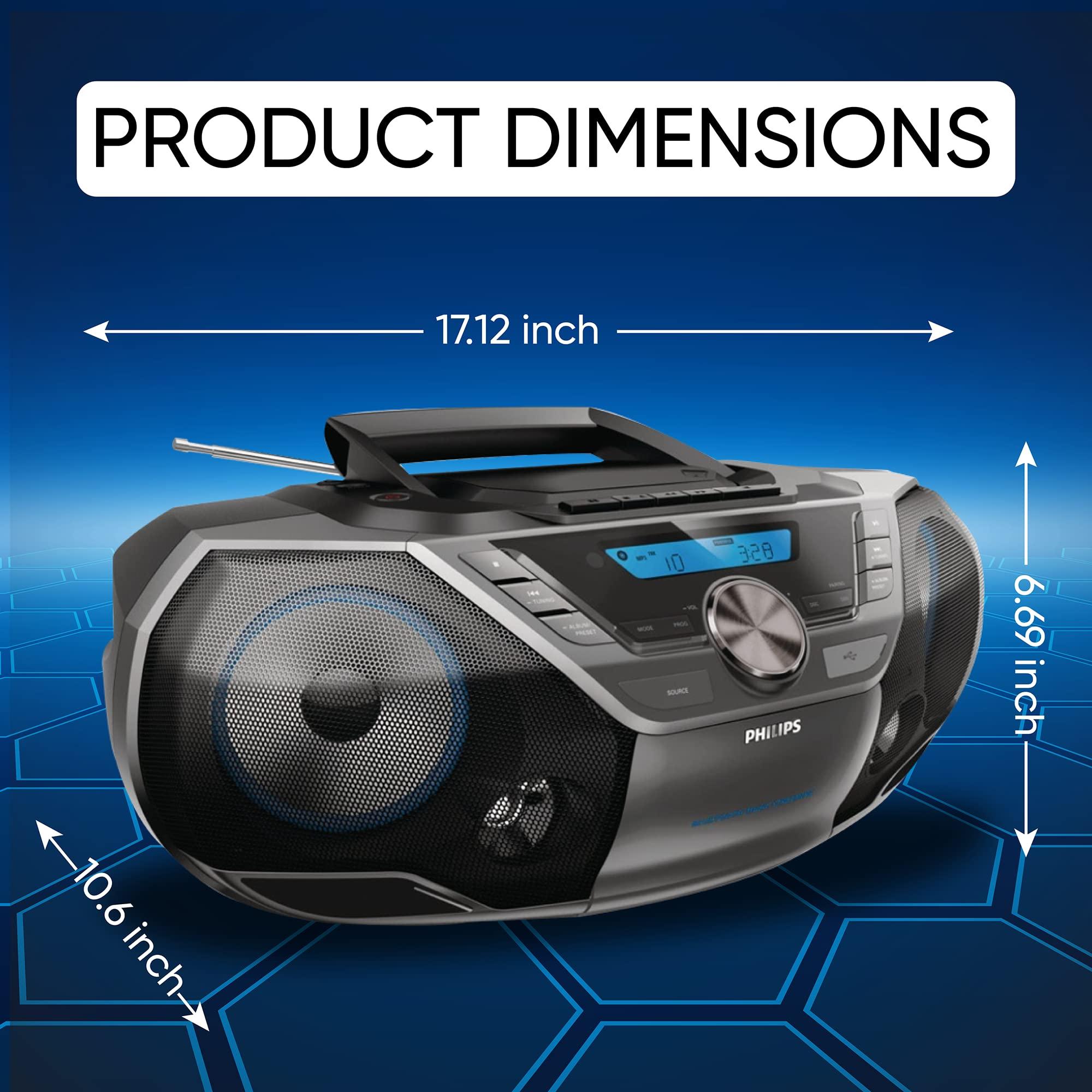 PHILIPS Philips Portable CD Player Boombox Bluetooth with Cassette Player All in one Powerful Stereo Boom Box CD Player for Home Mega Bass Reflex Speakers, Radio/USB/MP3/AUX Input with Backlight LCD Display