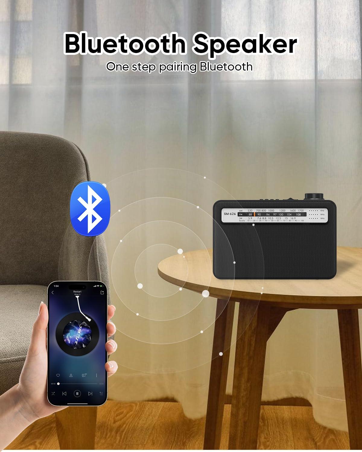 MIPDIIT MIPDIIT Portable AM FM Radio with Bluetooth Speaker, AC Plug in/USB C Rechargeable or D Battery Operated Transistor Radio, 5W Speaker, 3.5mm Earphone Jack, Support TF Card/USB Playing