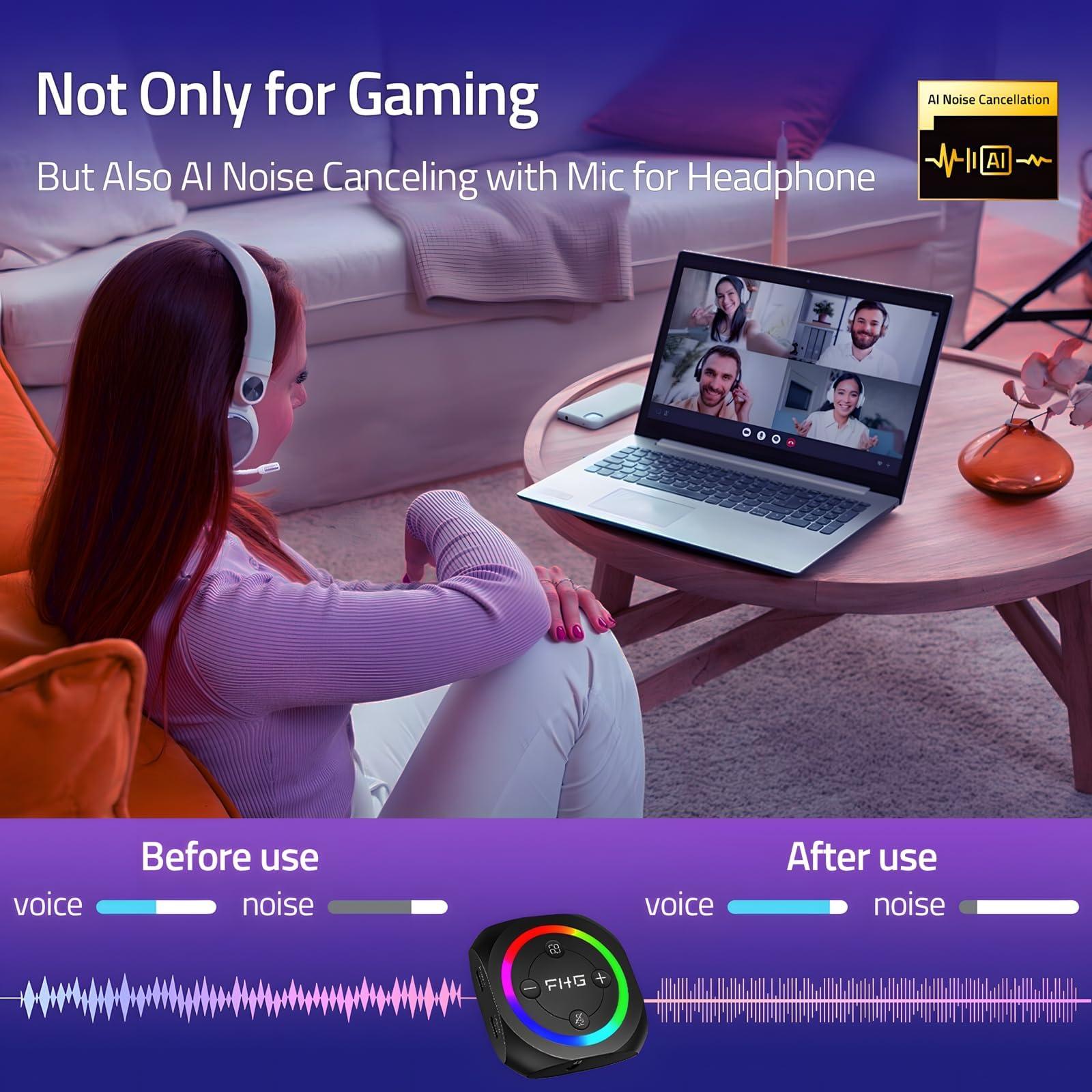 FHG FHG DAC, External USB Sound Card Gaming DAC with 7.1 Virtual Surround Sound for Gaming Headset/PS4/PS5/Xbox One, 5 in 1 Hub, Supports AI Noise Cancellation w/Mic