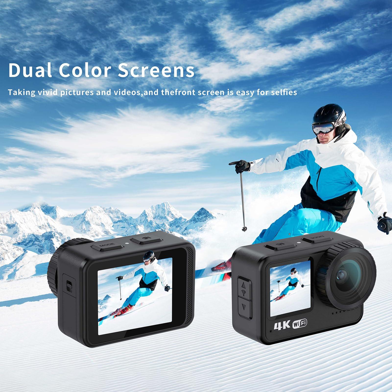 Andoer Andoer 4K 60FPS Action Camera 24MP WiFi Sports Camera 170Wide Angle Lens Dual Screen Touch Control Anti-Shake 21M/69ft Body Waterproof with Mounting Accessories Kit for Diving Surfing Skiing Cycling
