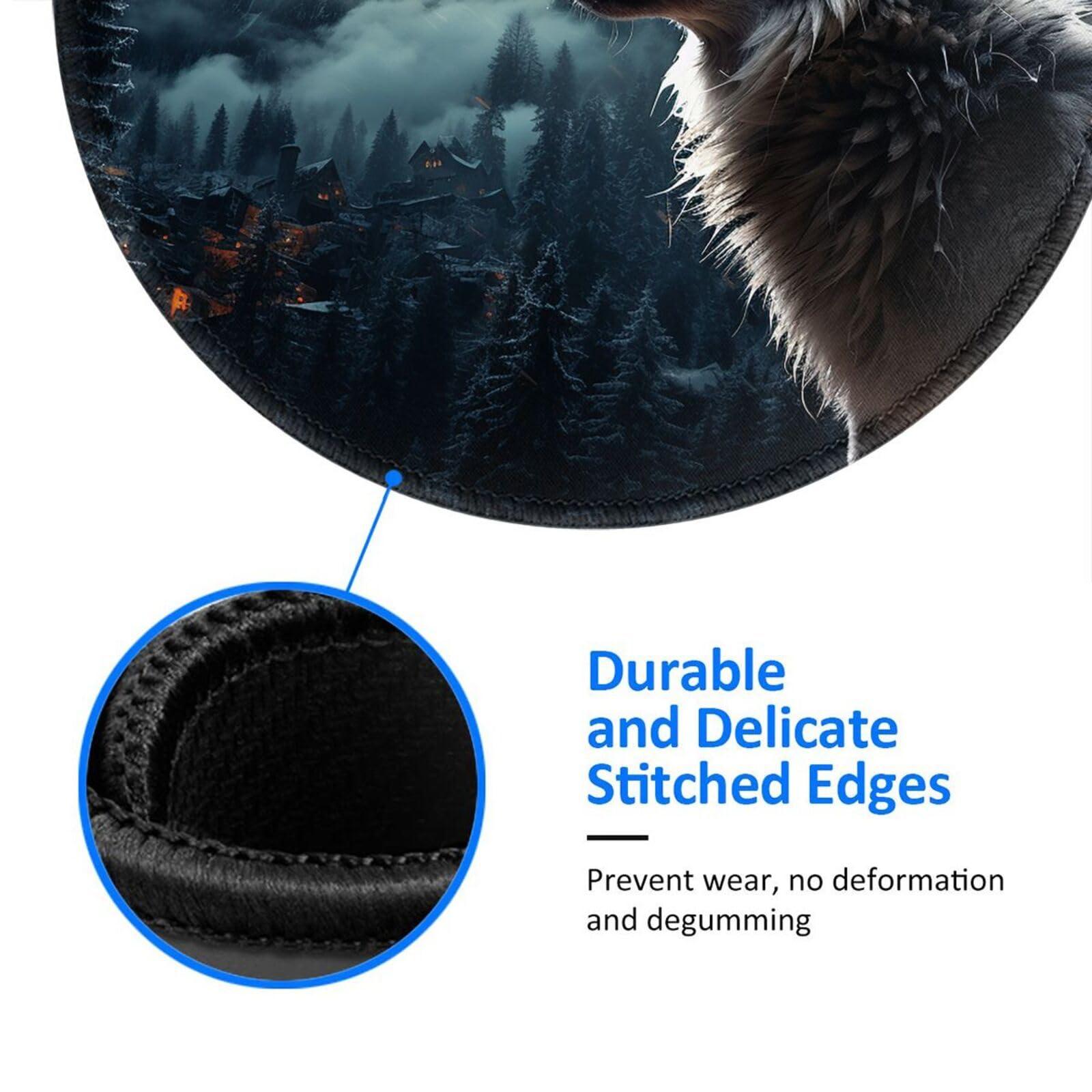 YoupO Mouse Pad, Wolf at Night Printed Round Mouse Mat with Non-Slip Rubber Base,Stitched Edge Mousepad for Office Home Gaming Work Study