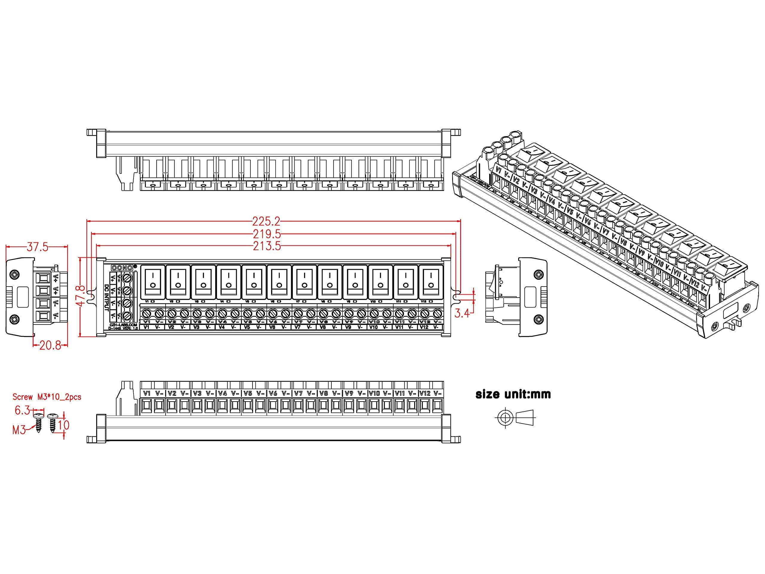 OONO Screw Mount 12 Channel Rocker Switch DC Power Distribution Strip Module