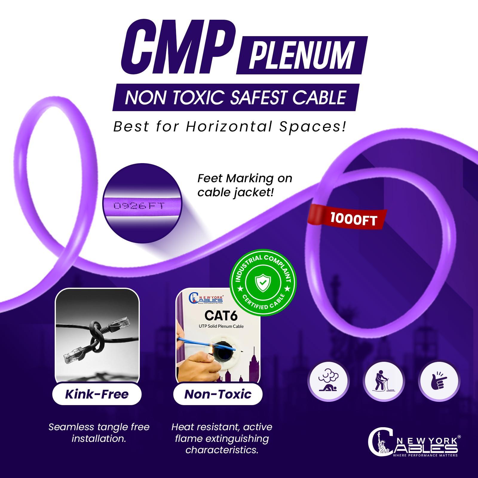NewYork Cables NewYork Cables | CAT6 Plenum Cable 1000ft (CMP) | UTP, 550MHz, 23AWG, 4Pair UTP 10GB Internet Cable | Quality Tested Bulk Ethernet Cable for Networking & Gaming (Purple)