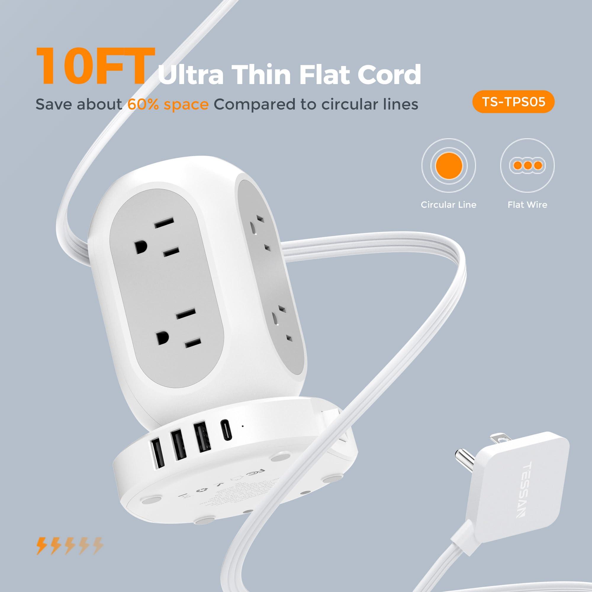 TESSAN Surge Protector Power Strip Tower, TESSAN Flat Plug Extension Cord 10FT with 8 AC Outlets 4 USB Ports (1 USB C), 1050J Protection Charging Station for Home, Office Supplies, Dorm Room Essentials