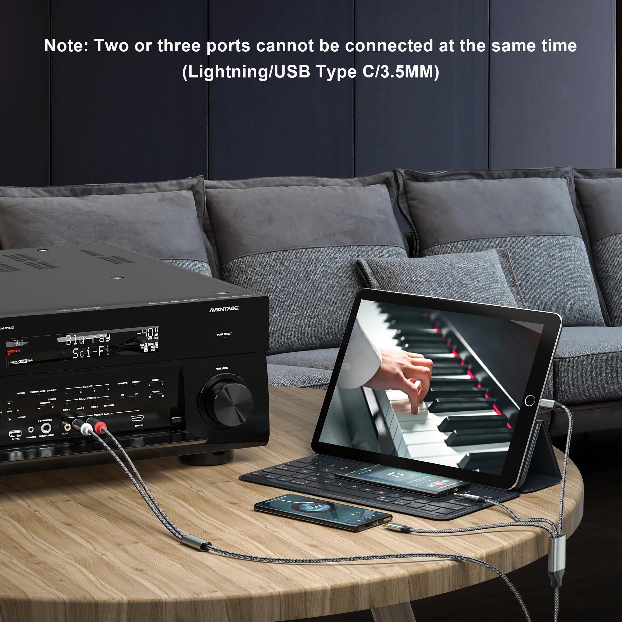 Apitiong Lightning to RCA Cable Audio Aux Adapter2.3M,RCA to 3.5mm CableUSB C to 2 RCA Audio Cable (3 in 1 Audio Cable) for Power Amplifier, Car, Home Theater, Speaker and More(Lightning Compatible)