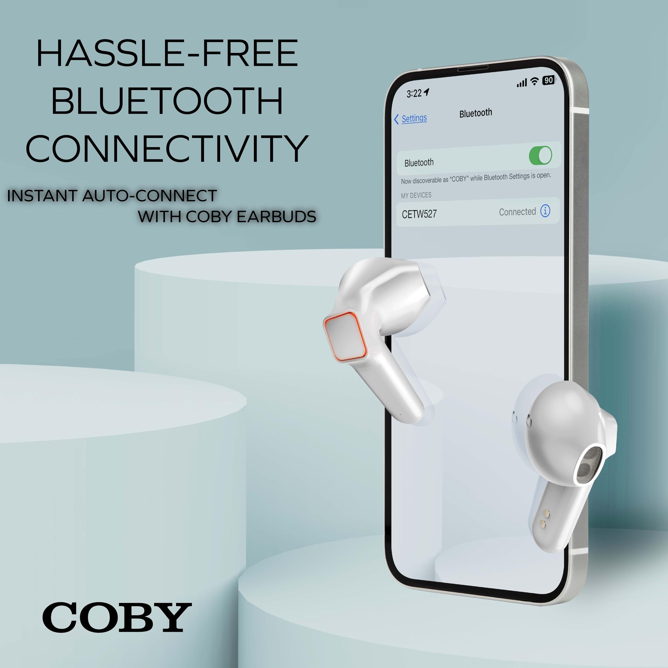 Coby Coby Sweat-Resistant True Wireless Earbuds | in-Ear Bluetooth Earphones | 12H Playtime | Voice Assistant Support | Noise-Isolating | Built-in Mic | Dedicated Audio Controls (White)