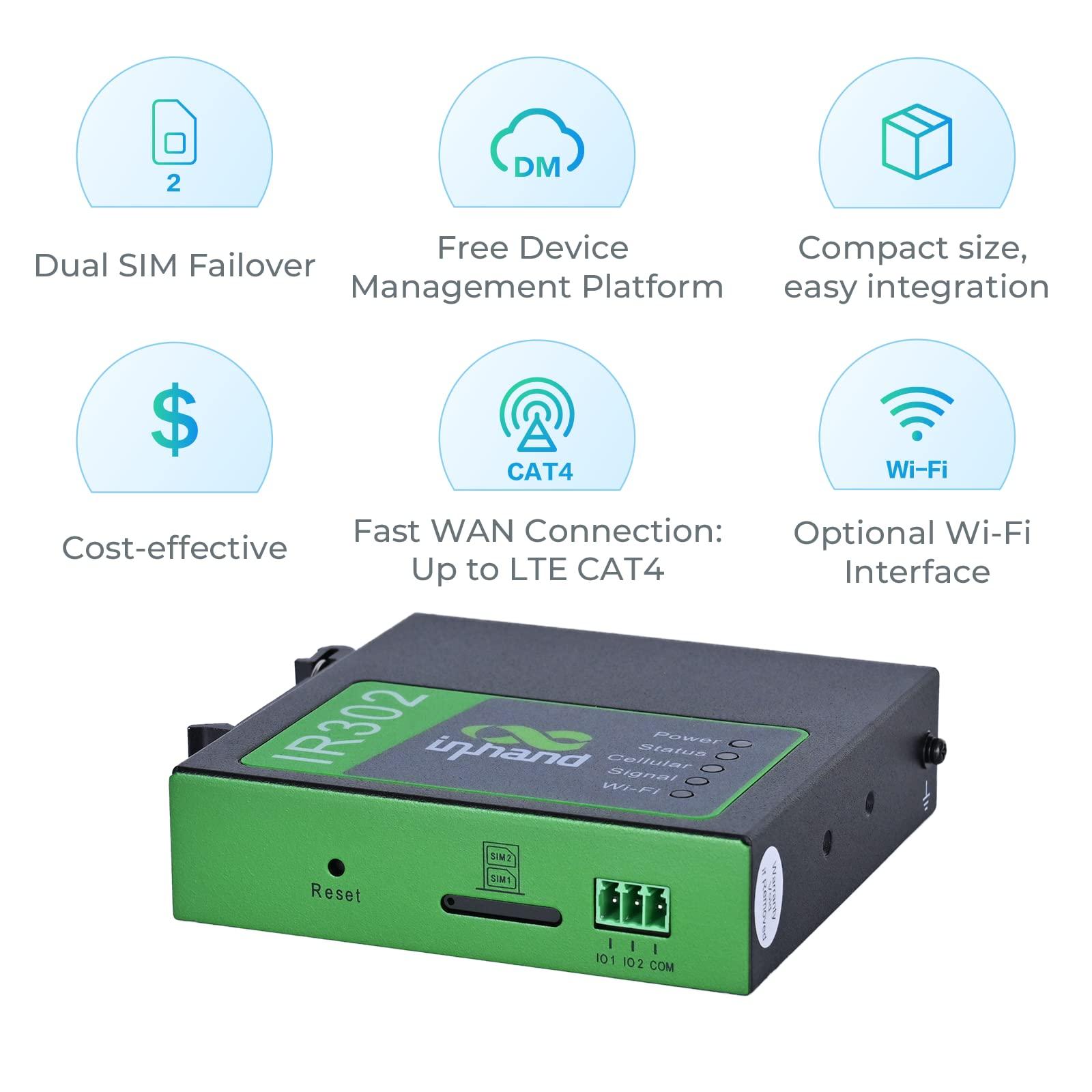 inhandgo InHand Networks IR302 Industrial IoT LTE 4G VPN Router,LTE Cat 1+ Wi-Fi, Dual sim Card Slots, Management by Cloud Platform, DI/DO Port, Support T-Mobile, AT&T & Verizon, UL Certification