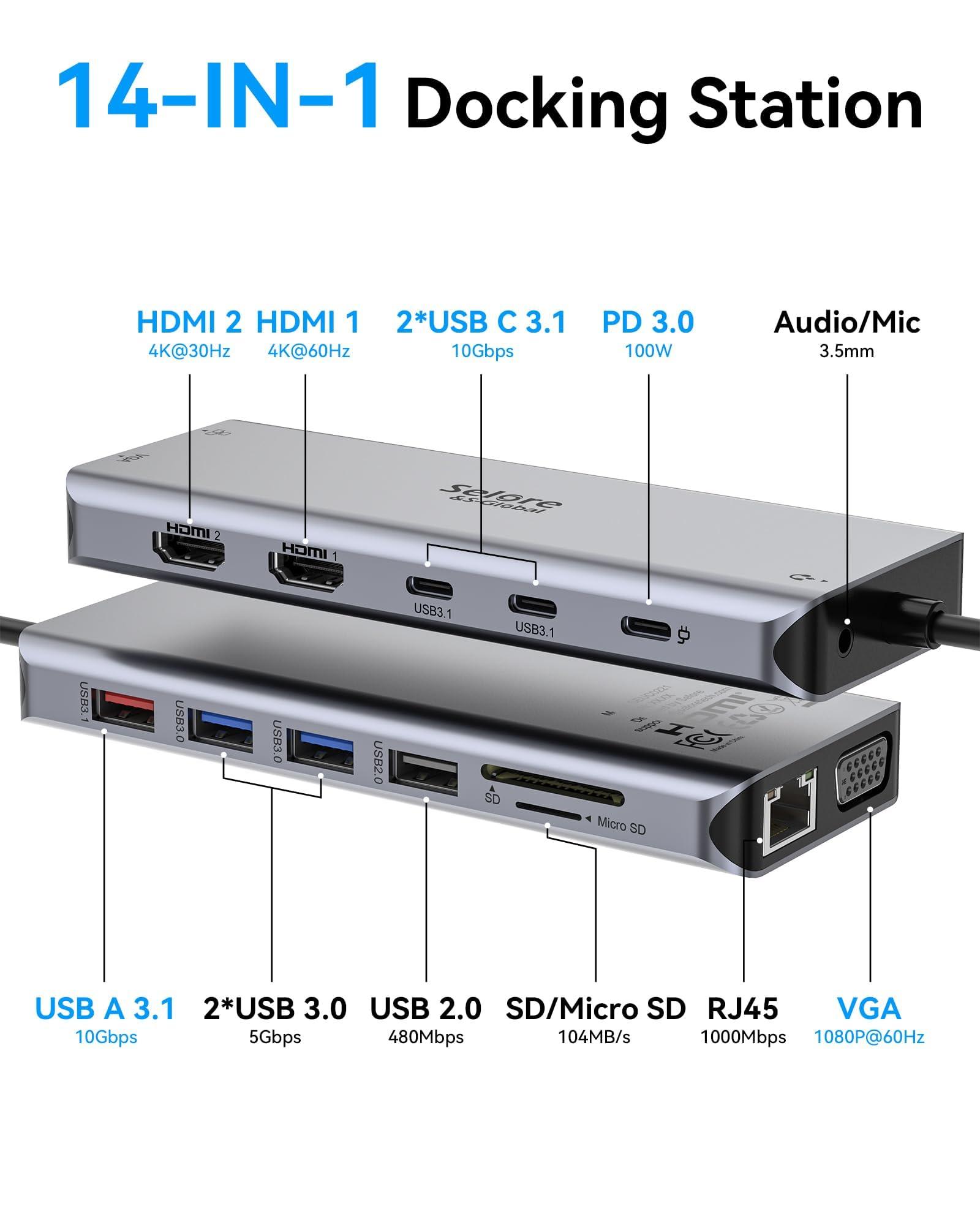 Selore&S-Global Selore USB C Docking Station Dual Monitor,Laptop Docking Station,14 in 1 Docking Station 3 Monitors with 2 HDMI,VGA,10G USB A/C,100W PD,6 USB A/C Ports,USB C Hub Multiport Adapter for Windows Laptop