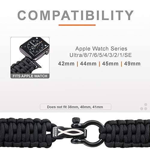 Savior Survival Gear Savior Survival Gear Paracord Watch Band Compatible with Apple 42mm and 44mm Apple Watch - Paracord Watch Band with Stainless Steel Adjustable Shackle (550 Paracord, Black, X-Large)