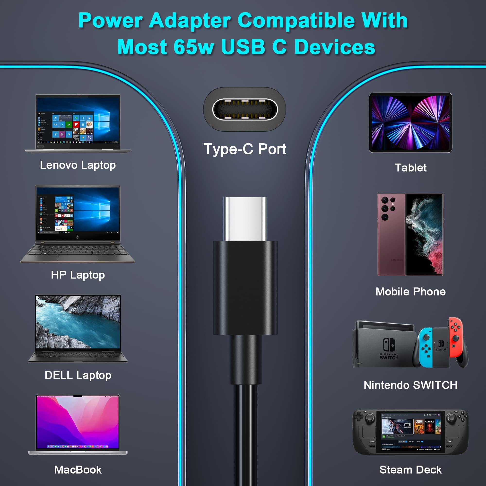 Ponkor Lenovo Laptop Charger, 65W 45W AC Adapter USB C Power Supply Computer Charger Power Cord for Lenovo Ideapad Thinkpad,MacBook Pro,HP,Dell,Samsung,Nintendo Switch and More USB C Laptops or Phones