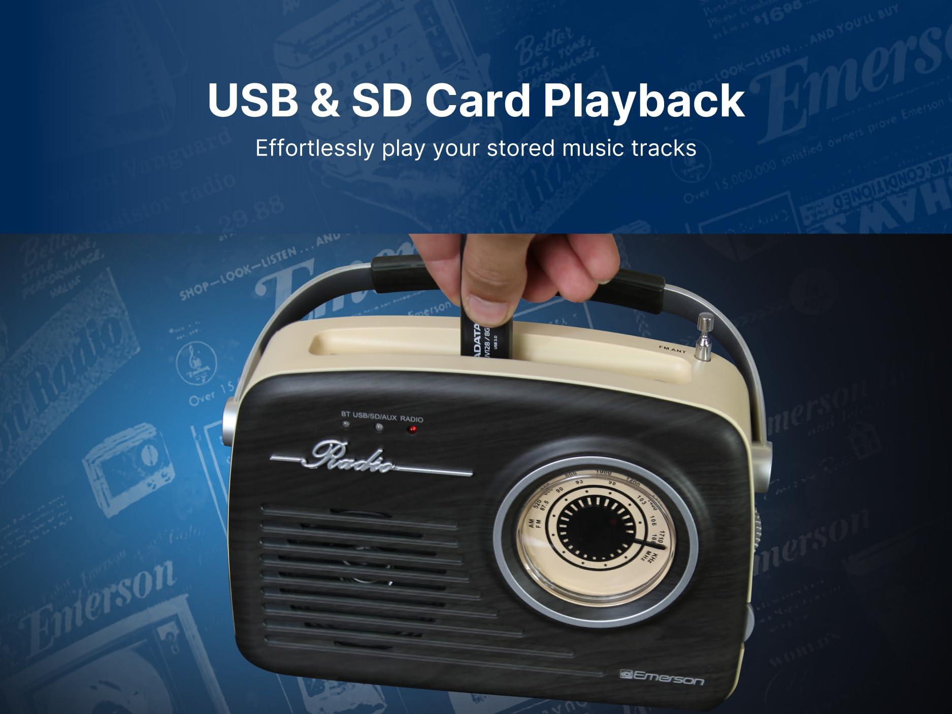 Emerson Emerson EAS-3002 Portable Bluetooth Retro Radio with AM/FM Tuner, USB/AUX Inputs, Built-in Rechargeable Battery, and Carrying Handle, Espresso