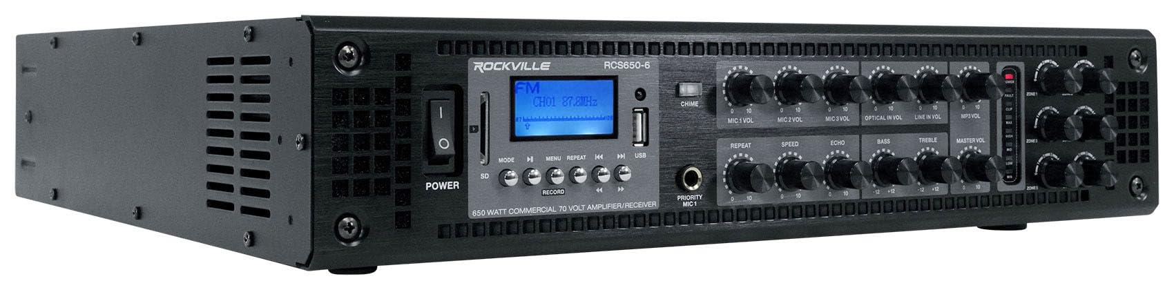 Rockville Rockville RCS650-6 650 Watt 6 Zone 70V Commercial Amplifier, Bluetooth, 3 Mic Inputs, Perfect for Restaurants, Bars, Cafs, Schools, Lounges