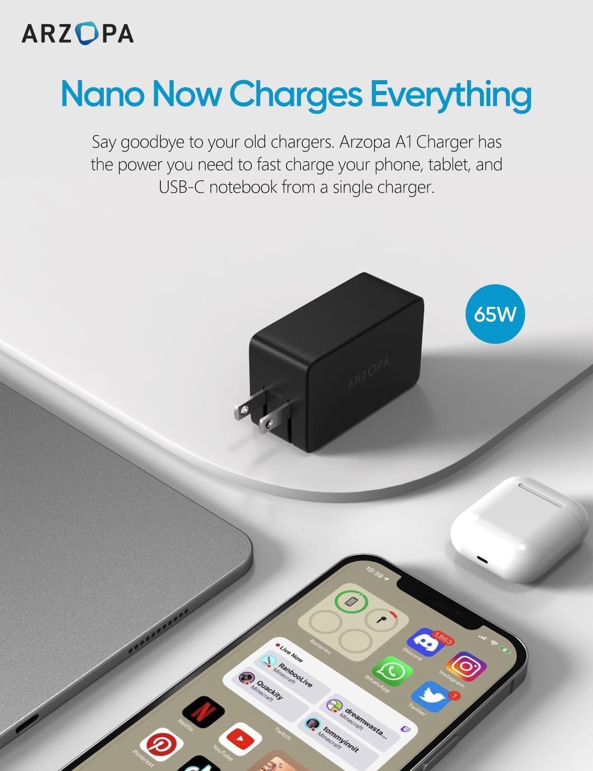 ARZOPA ARZOPA 17.3" Portable Monitor & 65W USB C Charger Block, 1080P FHD 100% sRGB IPS Gaming Monitor Laptop Monitor & GaN Fast Charger 3-Port Power Adapter Compact Foldable Plug