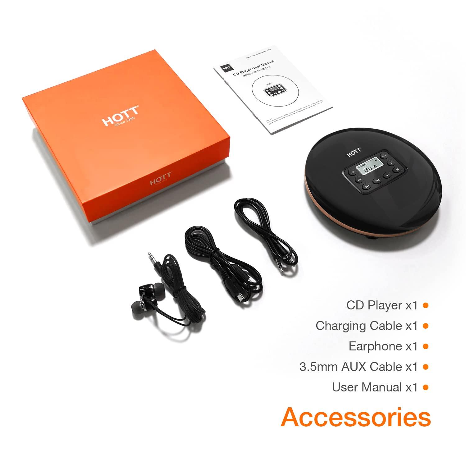 HOTT HOTT CD711T Bluetooth Rechargeable Portable CD Player for Home Travel and Car with Stereo Headphones and, Anti Shock Protection-Black