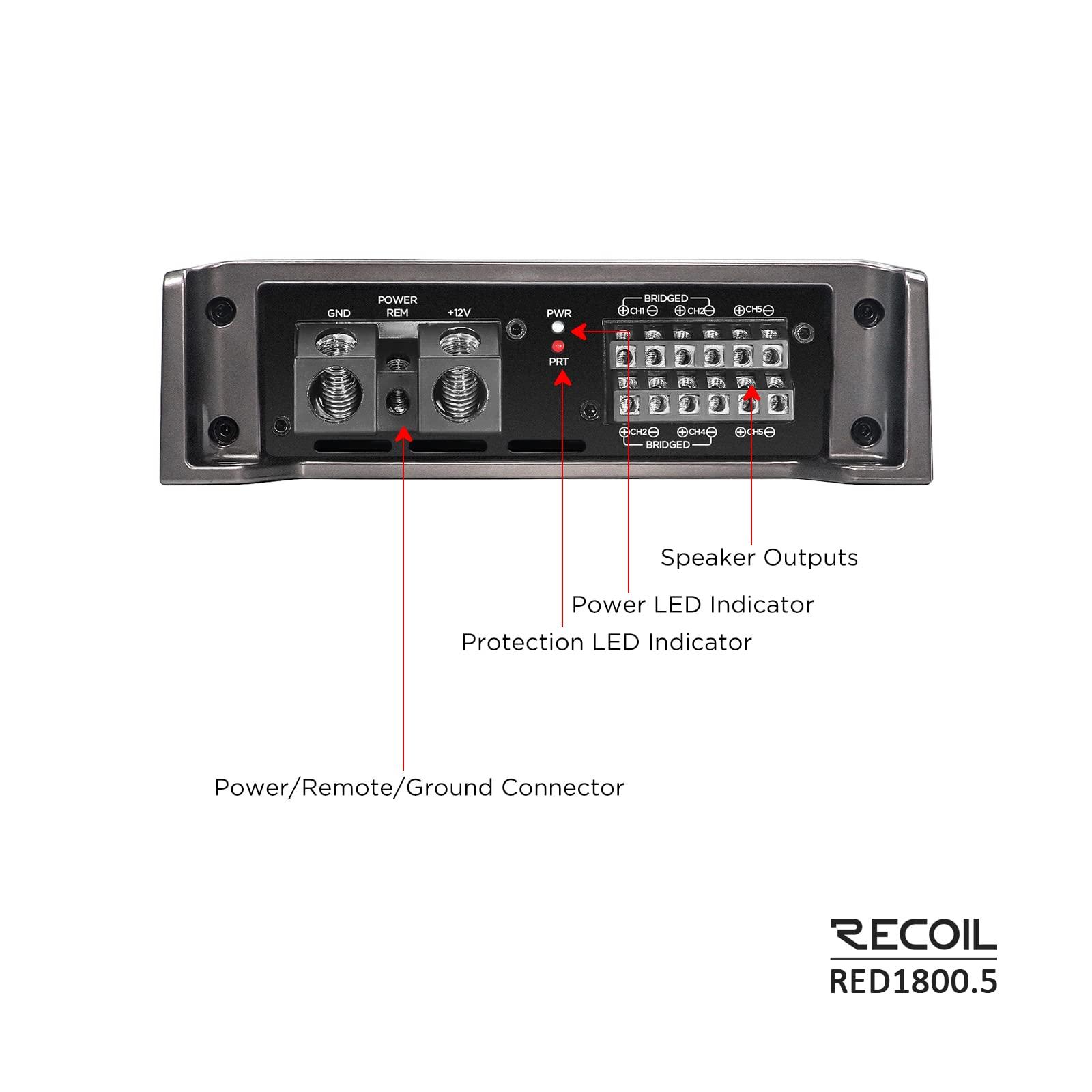 RECOIL Recoil RED1800.5 1800 Watts Class-D Car Audio 5-Channel Amplifier, Mono 1 Ohm Stable, Remote Bass Knob Included