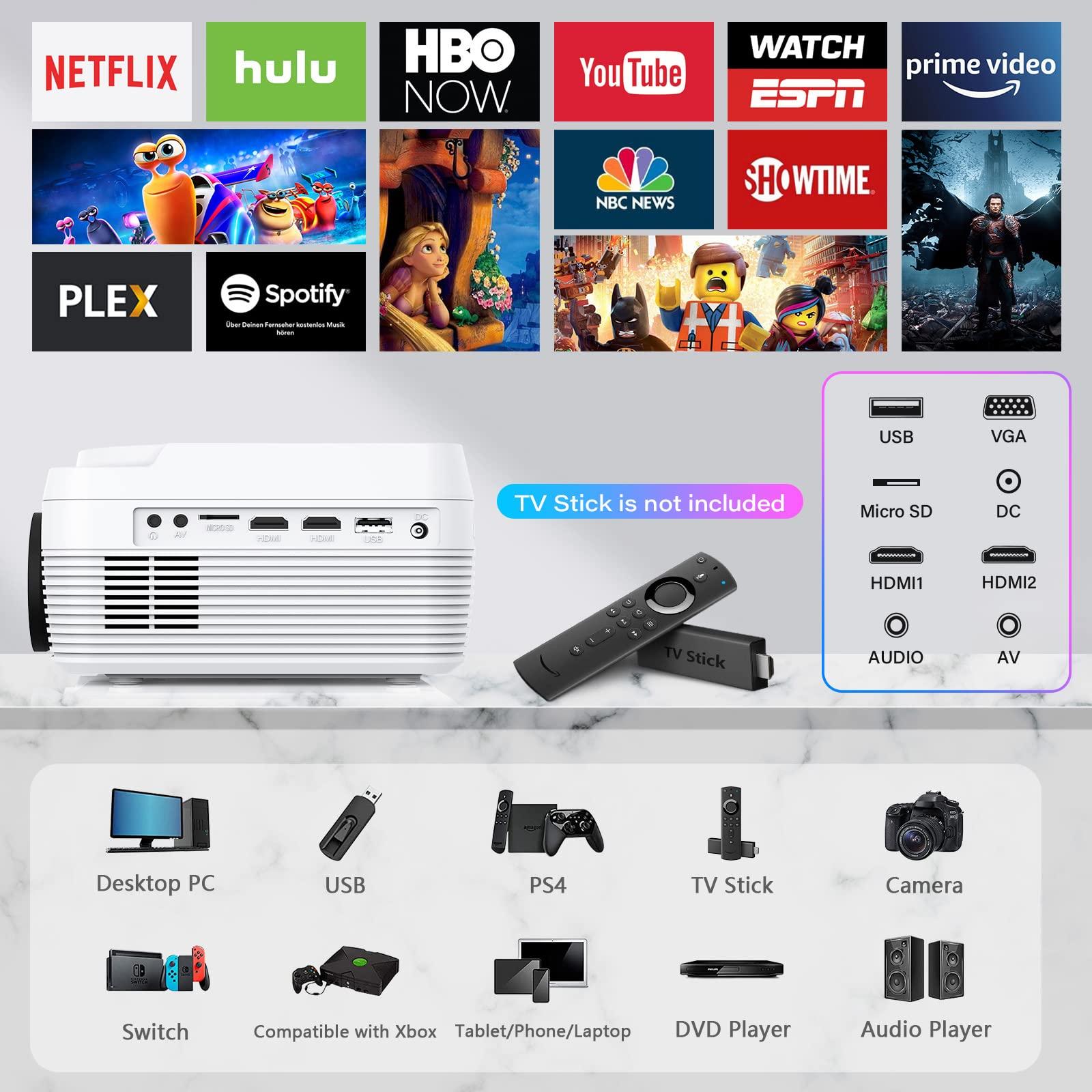 Dxyiitoo Full HD Bluetooth Projector Built in DVD Player, 12000LM 1080P Supported, Portable Mini DVD Projector for Outdoor Movies, 250\" Home Theater, Compatible with iOS/Android/TV Stick/PS4/HDMI/USB/TF Card