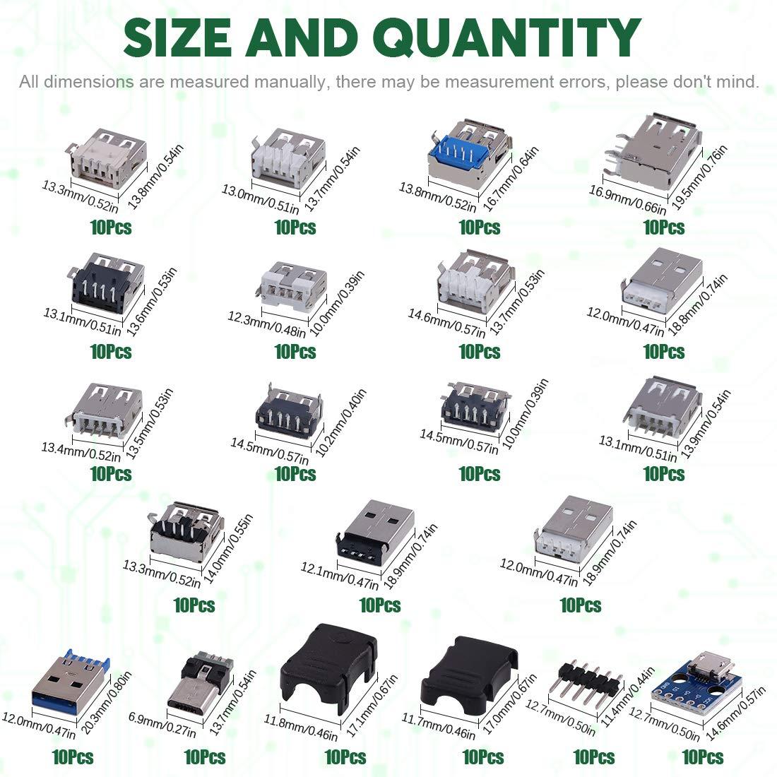 Keadic Keadic 180PCS Micro USB Female Socket Male Socket, USB 2.0, 3.0 Male Female Jack Socket Connector Set Includes Micro USB Type B 5 Pin T Port Male Connector, 9-Pin Male Port Connectors