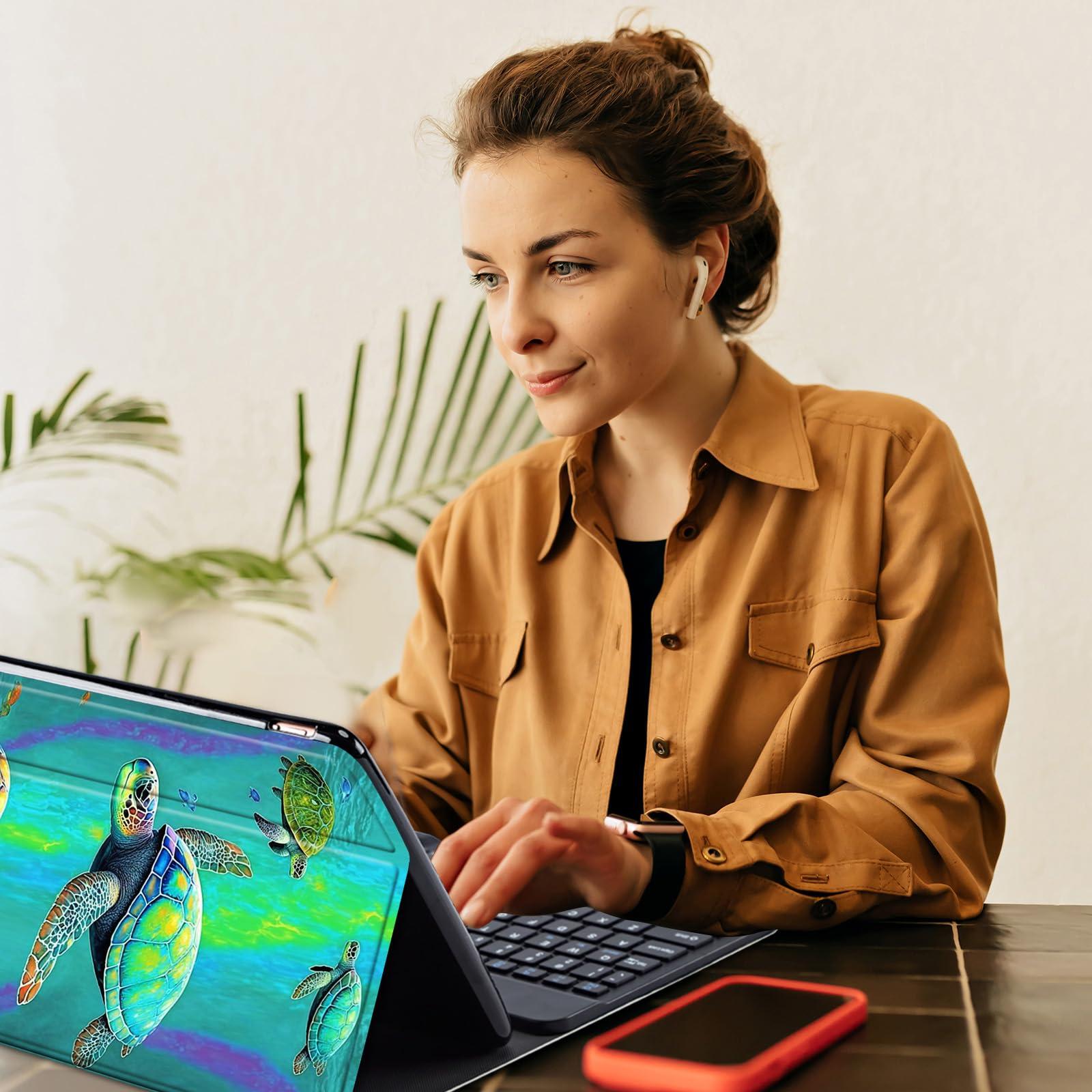 AIRWEE Keyboard Case for Amazon Kindle Fire HD 8/HD 8 Plus(2020 Release, 10th & 2022 Release, 12th), Detachable Wireless Bluetooth Keyboard and Auto Sleep/Wake Fire HD8 Case Keyboard, Green Turtle