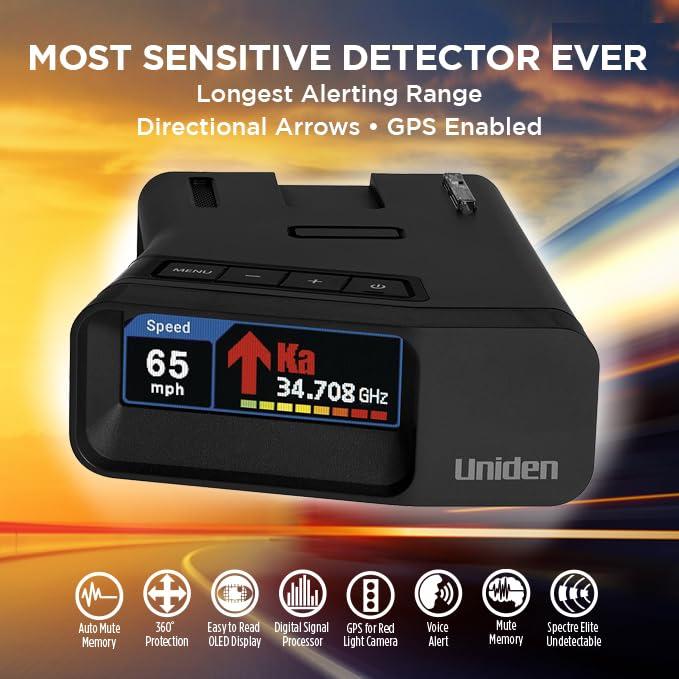 Uniden Uniden R7 EXTREME LONG RANGE Laser/Radar Detector, Built-in GPS, Real-Time Alerts, Dual-Antennas Front & Rear w/Directional Arrows, Voice Alerts, Red Light and Speed Camera Alerts