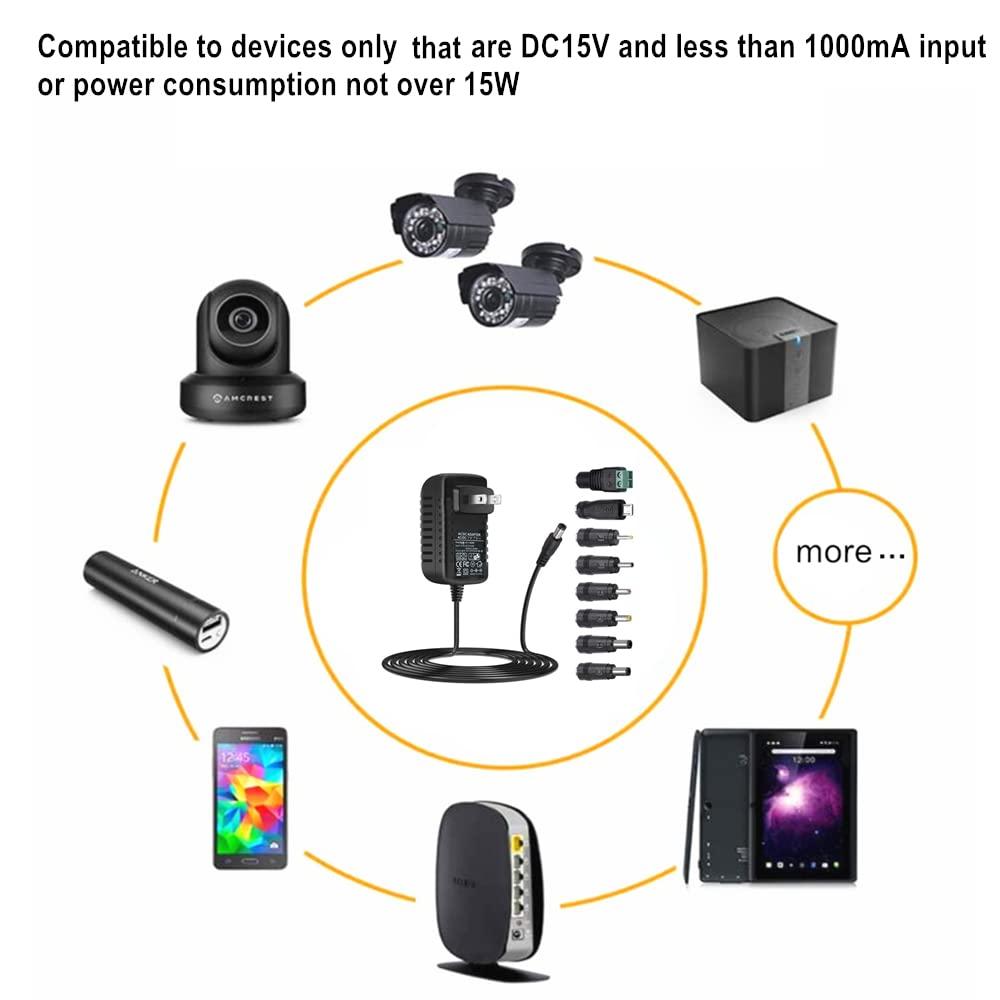 GuanTing Universal AC Adapter 15V 1A Power Supply 15W AC110V to DC15V Power Driver 15V 100mA~1000mA All Compatible with 8 DC Plug Tips adapters Charger Transformer AC-DC Adapter (DC15V~1A)
