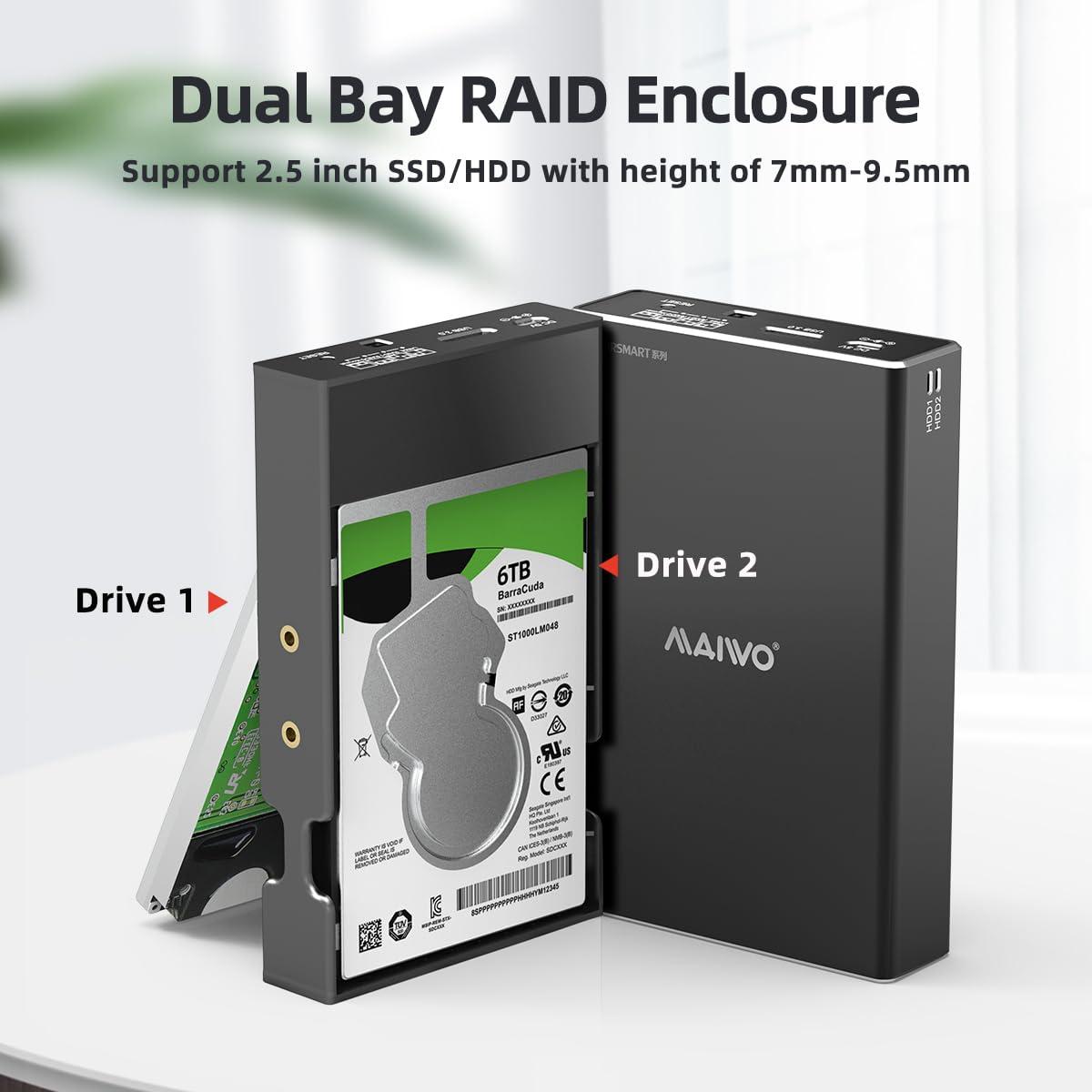 MAIWO MAIWO Dual Bay Hard Drive RAID Enclosure for 2.5 Inch SATA SSD HDD, RAID 0/RAID 1/JBOD/PM, USB 3.0 6Gbps with UASP, 16TB Capacity, External HDD Bay Aluminum