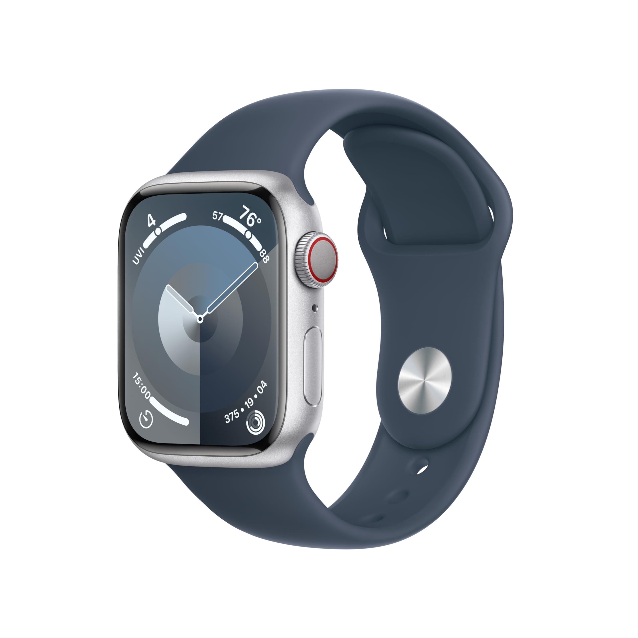 Apple Apple Watch Series 9 [GPS + Cellular, 41mm] - Silver Aluminum Case with Storm Blue Sport Band, M/L (Renewed)