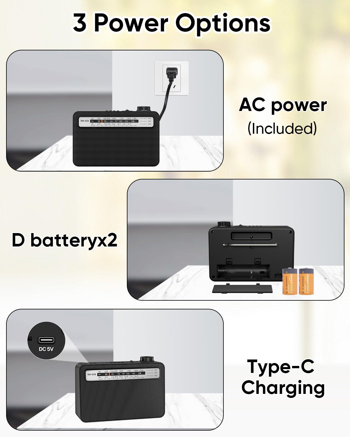 MIPDIIT MIPDIIT Portable AM FM Radio with Bluetooth Speaker, AC Plug in/USB C Rechargeable or D Battery Operated Transistor Radio, 5W Speaker, 3.5mm Earphone Jack, Support TF Card/USB Playing