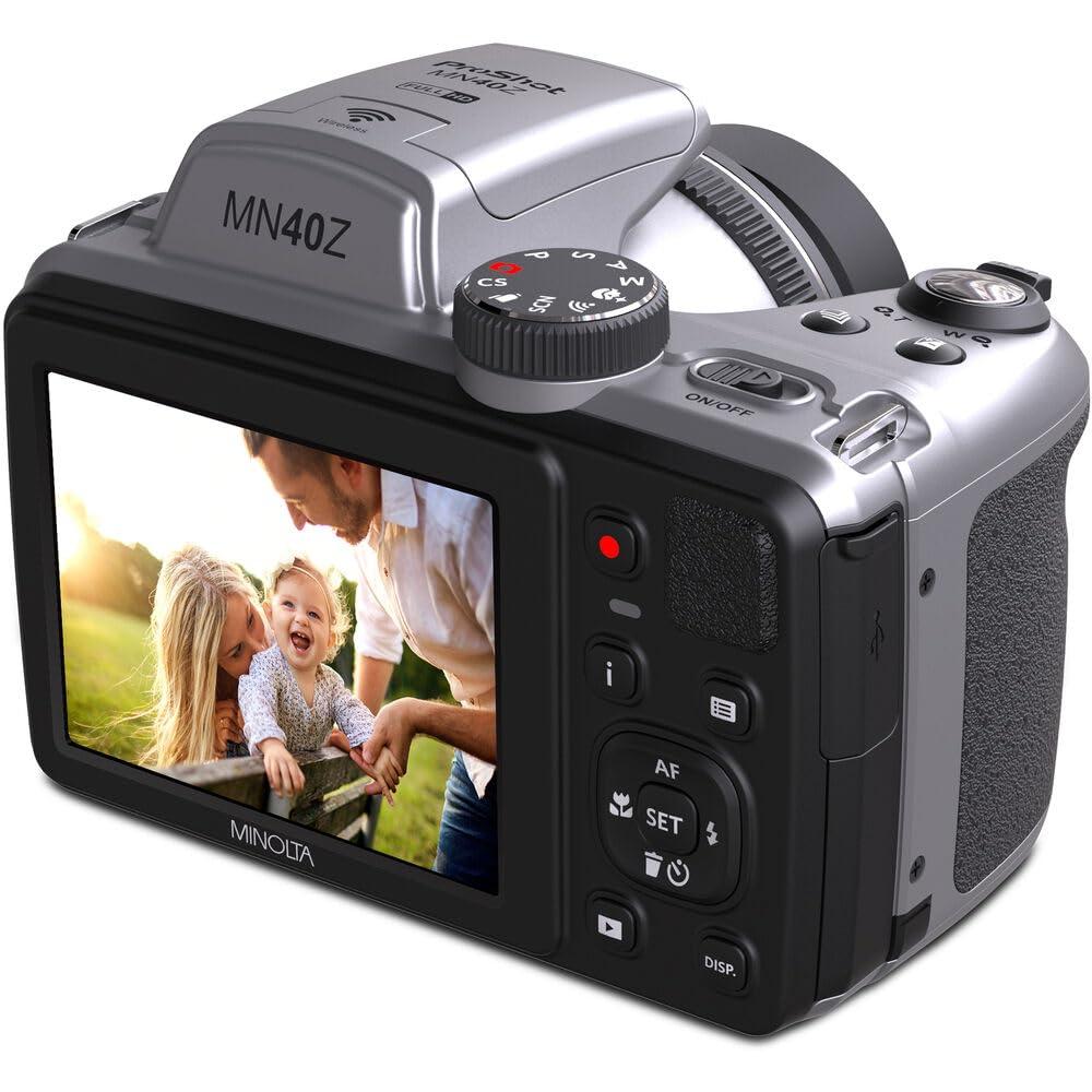 Minolta MINOLTA MN40Z 20 Mega Pixels 40x Optical Zoom Digital Camera with 1080p FHD Video, Silver, Bundle with 64GB Memory Card + Vlog Tripod + 4xAA Battery with Charger + Accessories