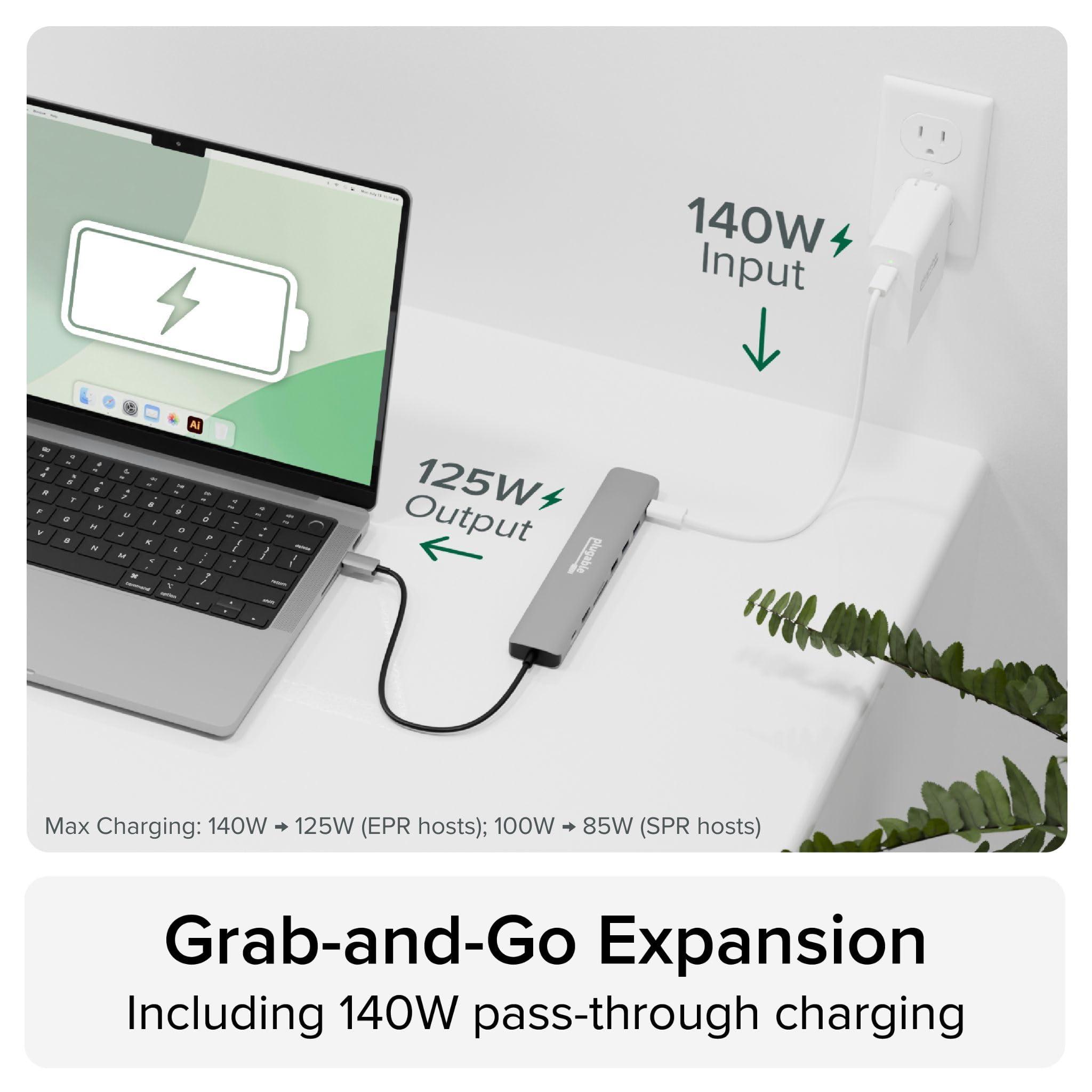 Plugable Plugable USB C Hub Multiport Adapter (9-in-1) 140W Power Delivery Charging, 4K 60Hz HDMI, 10Gbps USB-C and USB-A, Ethernet, SD | for USBC, USB4, Thunderbolt MacBook, Windows, Chromebook (USBC-9IN1E)