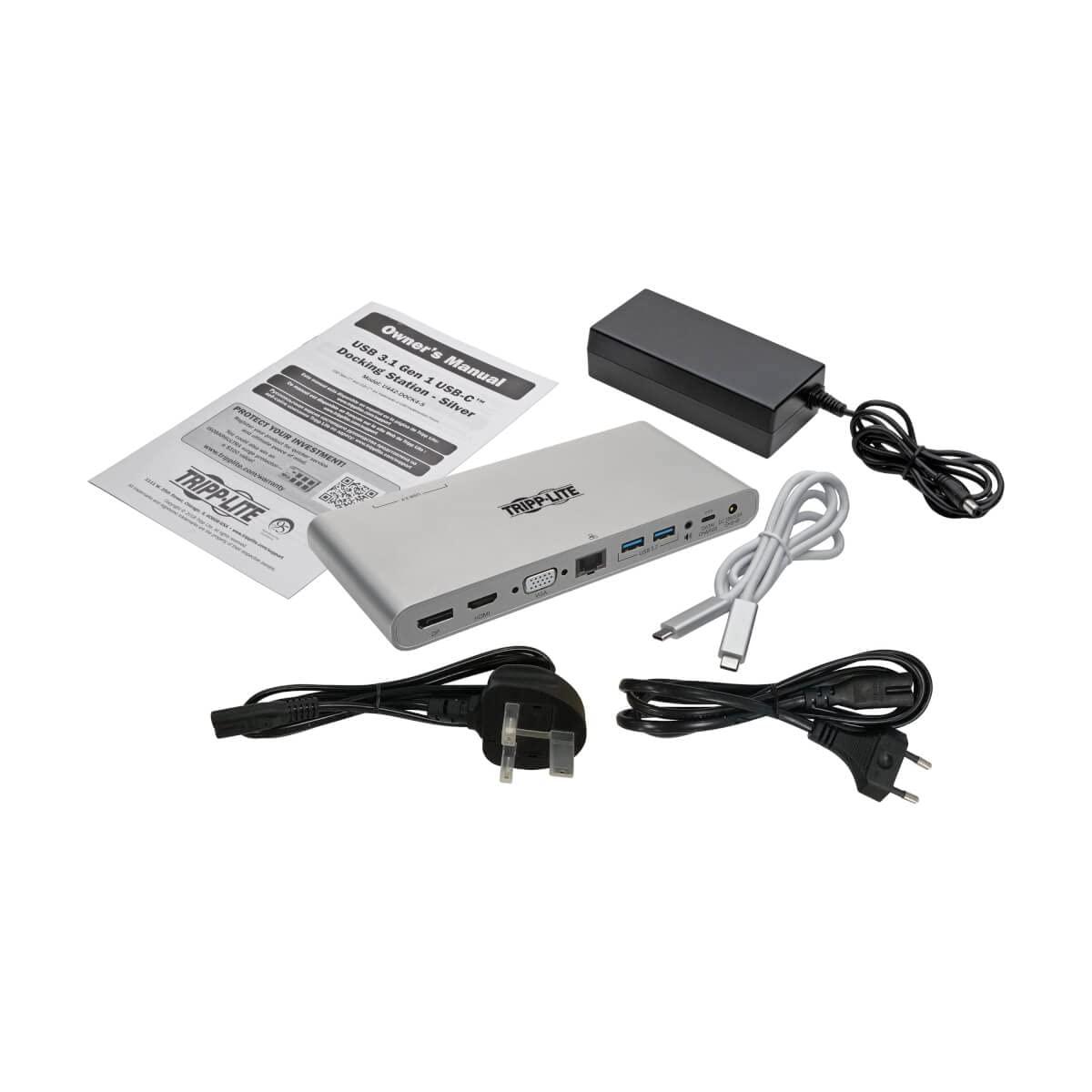 Tripp Lite Tripp Lite International USB-C Docking Station, Triple Monitor Support, EU & UK Power Cables, 4K @ 30Hz HDMI & DisplayPort, VGA, Gigabit Ethernet, 100W USB-C Charging, 3-Year Warranty (U442-DOCK4-INT)