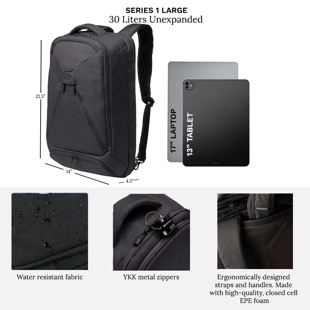 Knack Pack Knack Series 1 Laptop Backpack Fits up to 17 Inch - Knack Bags Carry-On Backpack, TSA Approved, Expandable Travel Backpacks With 4 Day Outfit Capacity (Stealth Black, Large)