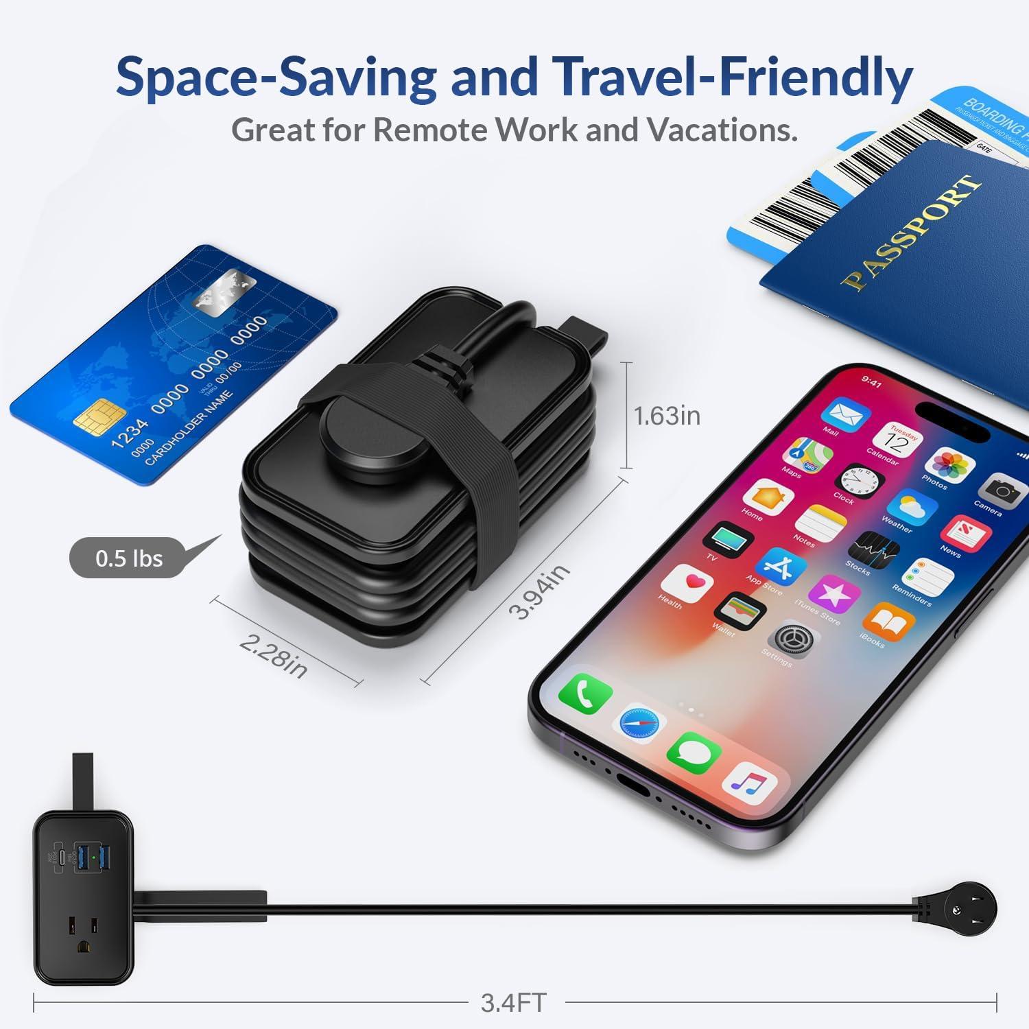 Uncaged Ergonomics Travel Charger for Multiple Devices, Flat Plug Power Strip 3ft Adapter Extension Cord, 3 AC Outlets, 2 USB & 1 Fast Charging USB-C, No Surge Cruise Approved, Portable Power Strip