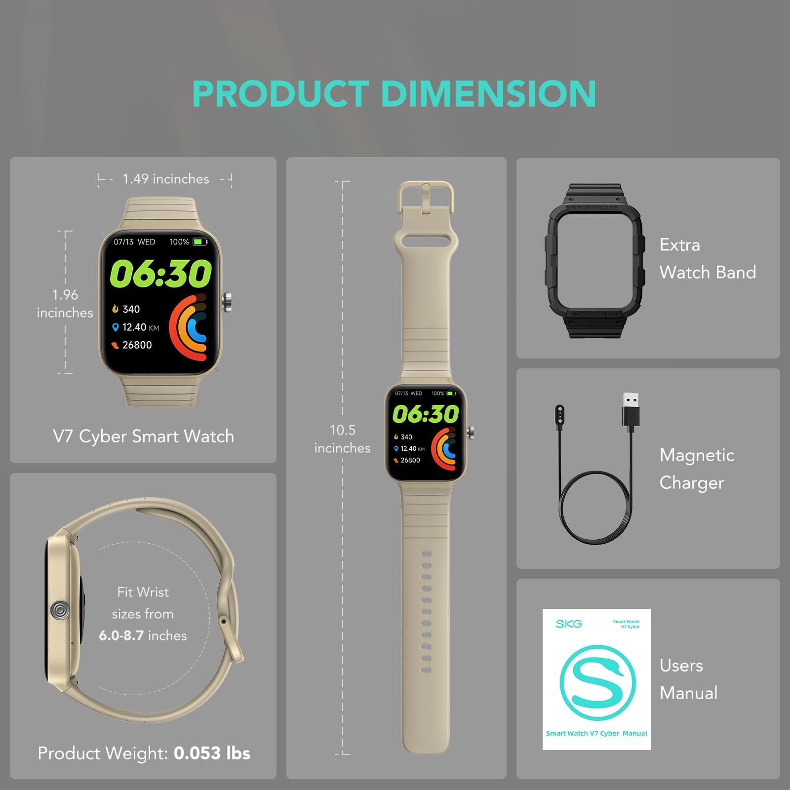 SKG SKG Smart Watch for Women Men (Answer/Make Call), Alexa Built-in, Extra Black Band, IP68 Smartwatch for Android iPhone, 100+ Sport 1.8" Fitness Tracker with Heart Rate SpO2 Monitor, V7 Cyber Beige