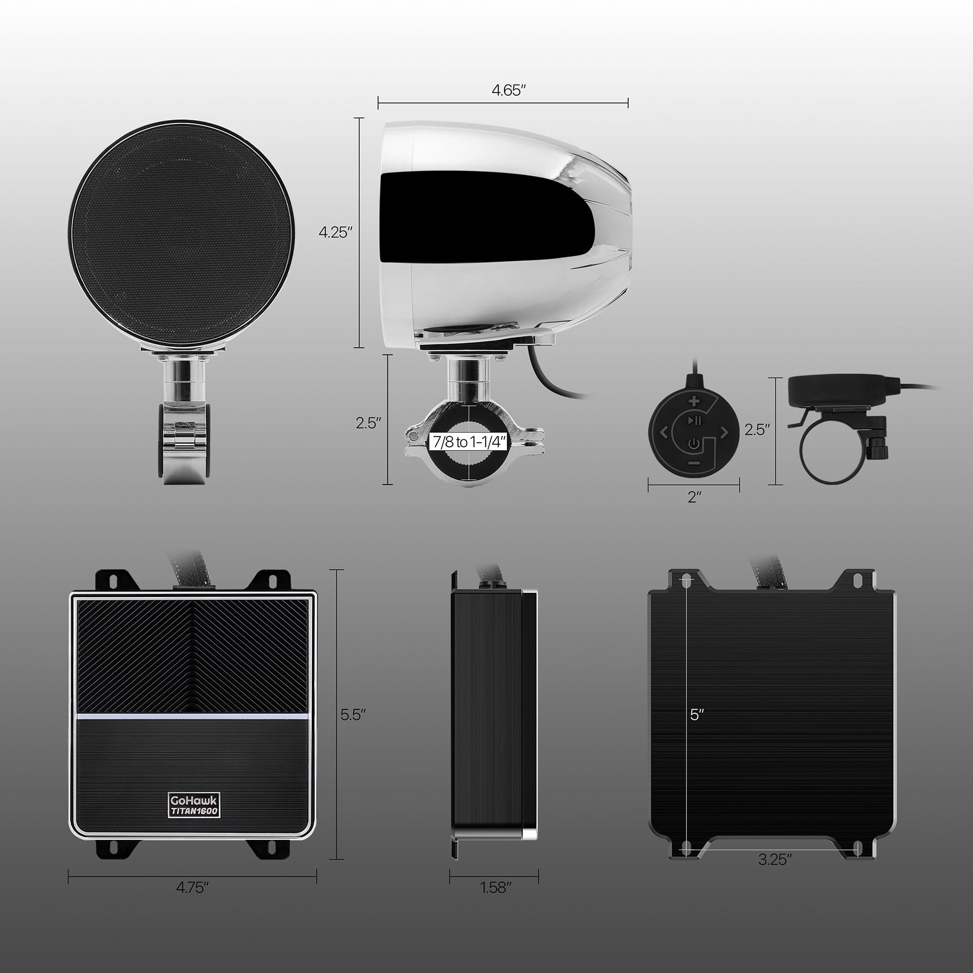 GoHawk GoHawk TR4-Titan Motorcycle Bluetooth 4 Speakers Audio Stereo 4.1 Channel Waterproof Amplifier System 4" Full Range Handlebar Mount MP3 Music Player for Harley ATV UTV FM Radio USB Chrome
