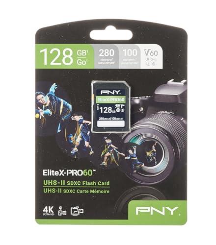 PNY PNY 128GB EliteX-PRO60 UHS-II SDXC Memory Card - R280MB/s W100MB/s, U3, V60, 4K UHD, Full HD, UHS-II for Professional Photographers & Content Creators, DSLR Mirrorless Cameras, Advanced Video Cameras