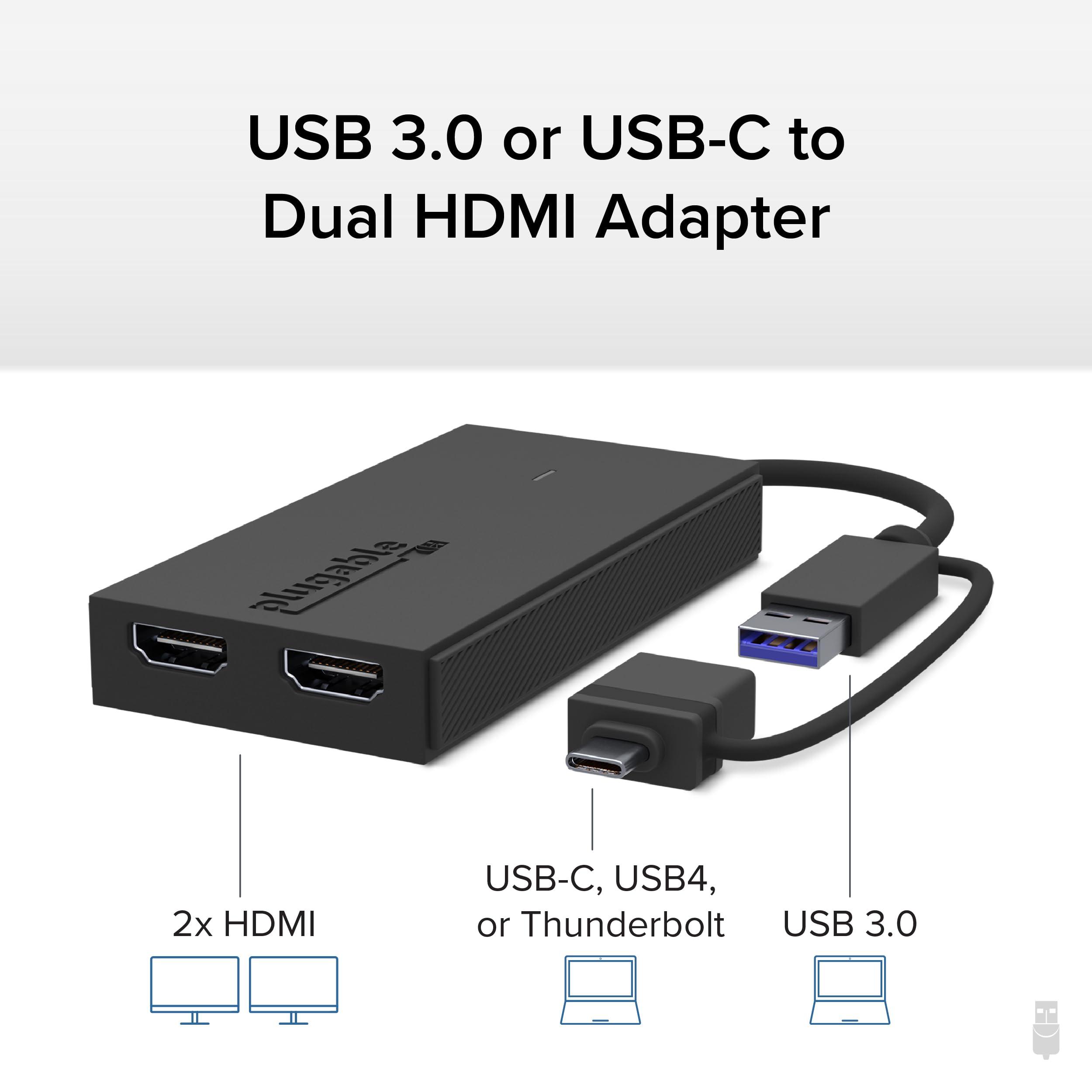 Plugable Plugable Dual Monitor Adapter for M1/M2/M3/M4 macOS Systems, Windows, ChromeOS. Broad Compatibility - Thunderbolt, USB-C, USB 3.0 to HDMI Adapter for Dual Monitors 1920x1080 @60Hz, SMI Driver Required