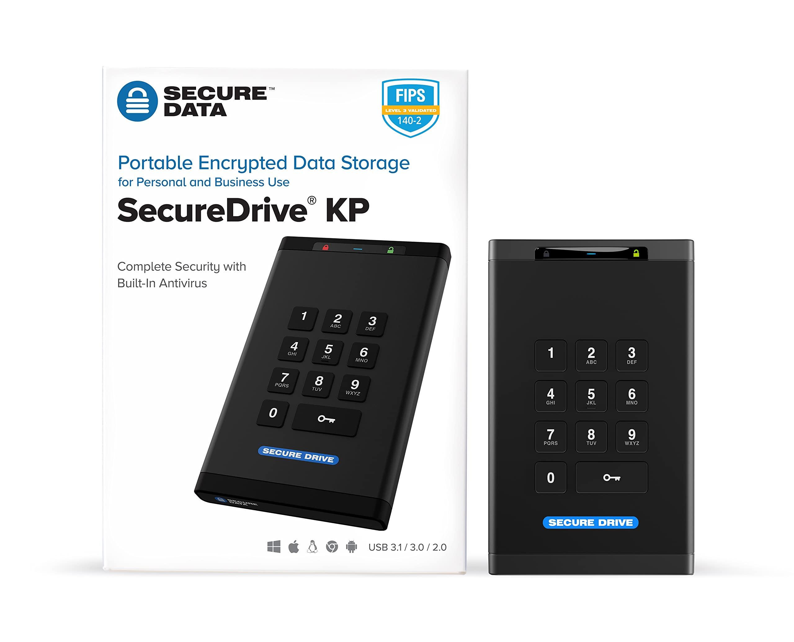 ClevX SecureData SecureDrive KP 4TB Hardware Encrypted USB 3.0 External Drive FIPS 140-2 Level 3 Unlock via Keypad TAA Compliant, CJIS, HIPAA, CMMC, GDPR Compliant, Works with Mac and Win Free AV