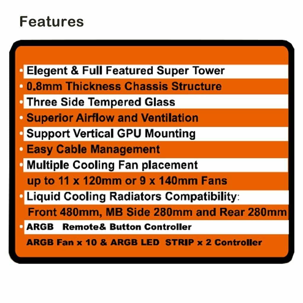 Rhino Rhinomax A17 Series Phoenix Full-Tower E-ATX/ATX/M-ATX Computer Gaming Case with 3-Sided Reinforced Glass, USB 3.0, 6 ARG Light-Emitting 12cm Fans with 1 ARGB Fan Controller