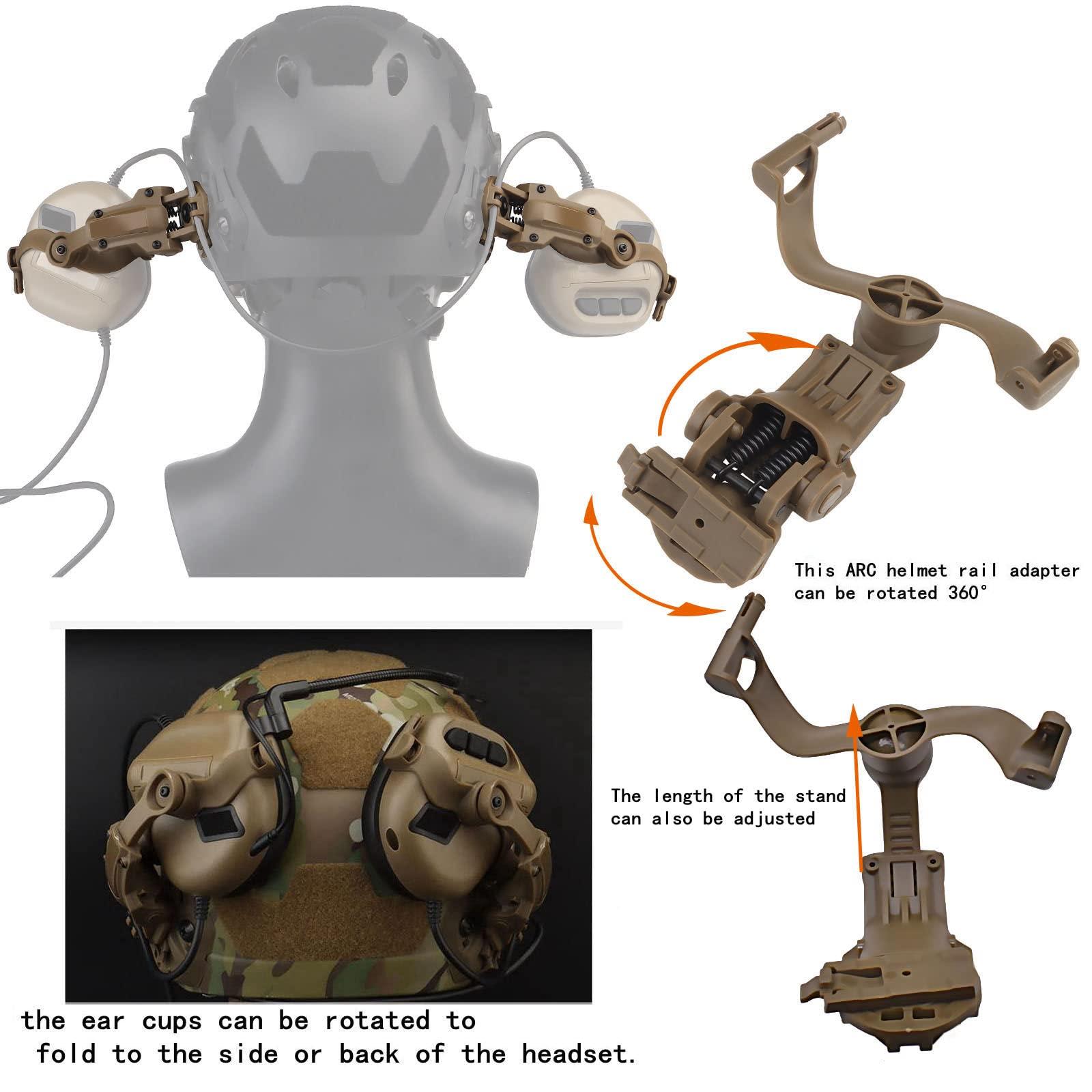 Hdlsina Hdlsina Helmet-Type Tactical Headset + with U94 PTT 2pin with ARC Rail Adapter Compatible Ops-Core Fast Helmet ACH Helmet MICH Helmet for Airsoft Hunting Shooting (Khaki)