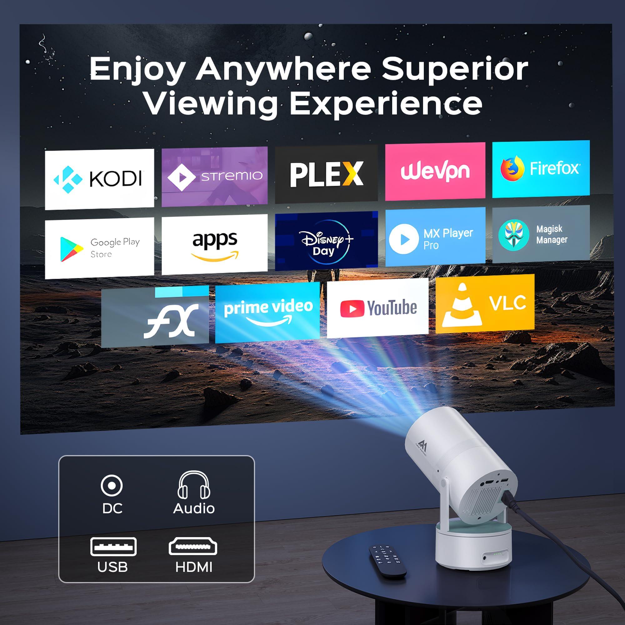 AUBOR MENTECH [Built-in Battery] Mini Projector with Wifi and Bluetooth, Rechargeable Portable Outdoor Smart Projector with Support 4K Decoding, Electric Focus Home Theater for Phone, White