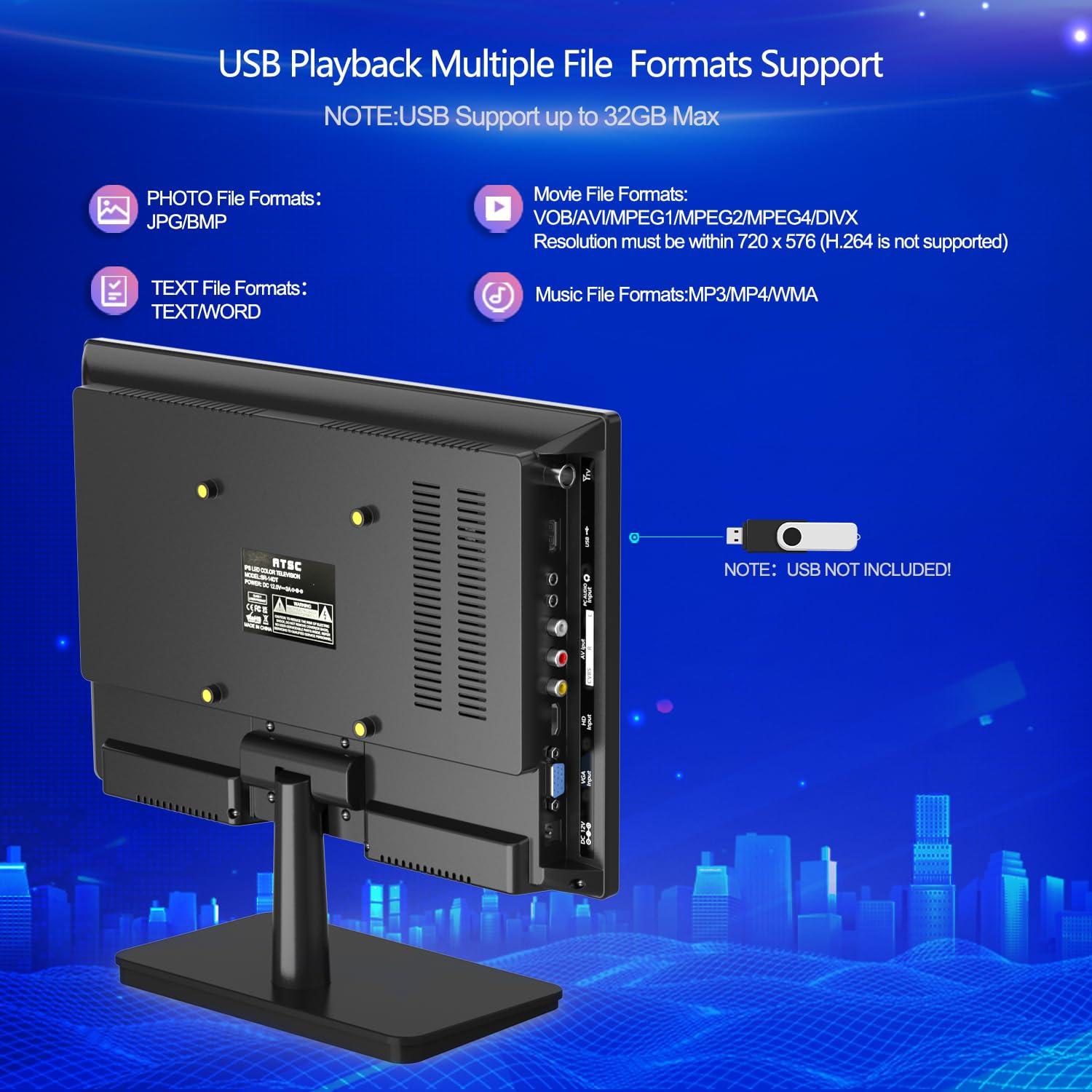 Feihe Feihe 14 inch Small Flat Screen Kitchen TV with Antenna ATSC Tuner/USB/HDMI/AV/VGA, Built-in TV Stand and Remote Control for Car,RV,Camping,Outdoor or Office