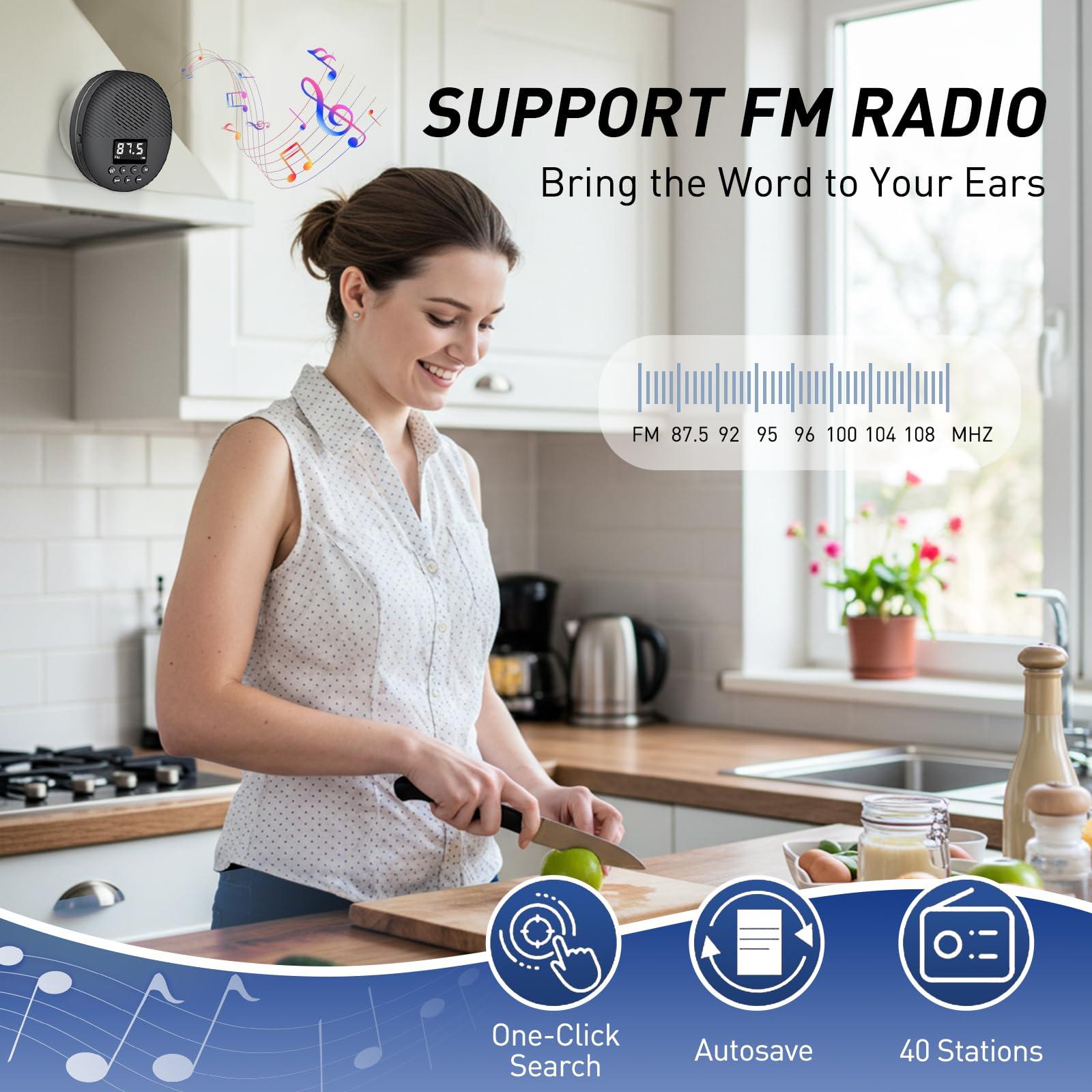 AGPTEK Shower Radio Speaker with Bluetooth 5.0, AGPTEK Waterproof Wireless Bathroom FM with Suction Cup 12H Long Playback Time, Lanyard, LCD Screen Display, Handsfree Calling, Storage Card Playback Black