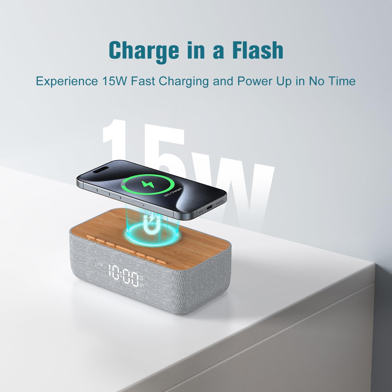 REACHER REACHER Alarm Clock Radio, Alarm Clock for Phone/iPhone Charger with Fast Magnetic Wireless Charging, Bluetooth Speaker Charger, FM Radio with Bluetooth, Dimmable Display, Bedroom, Bedside, Desk