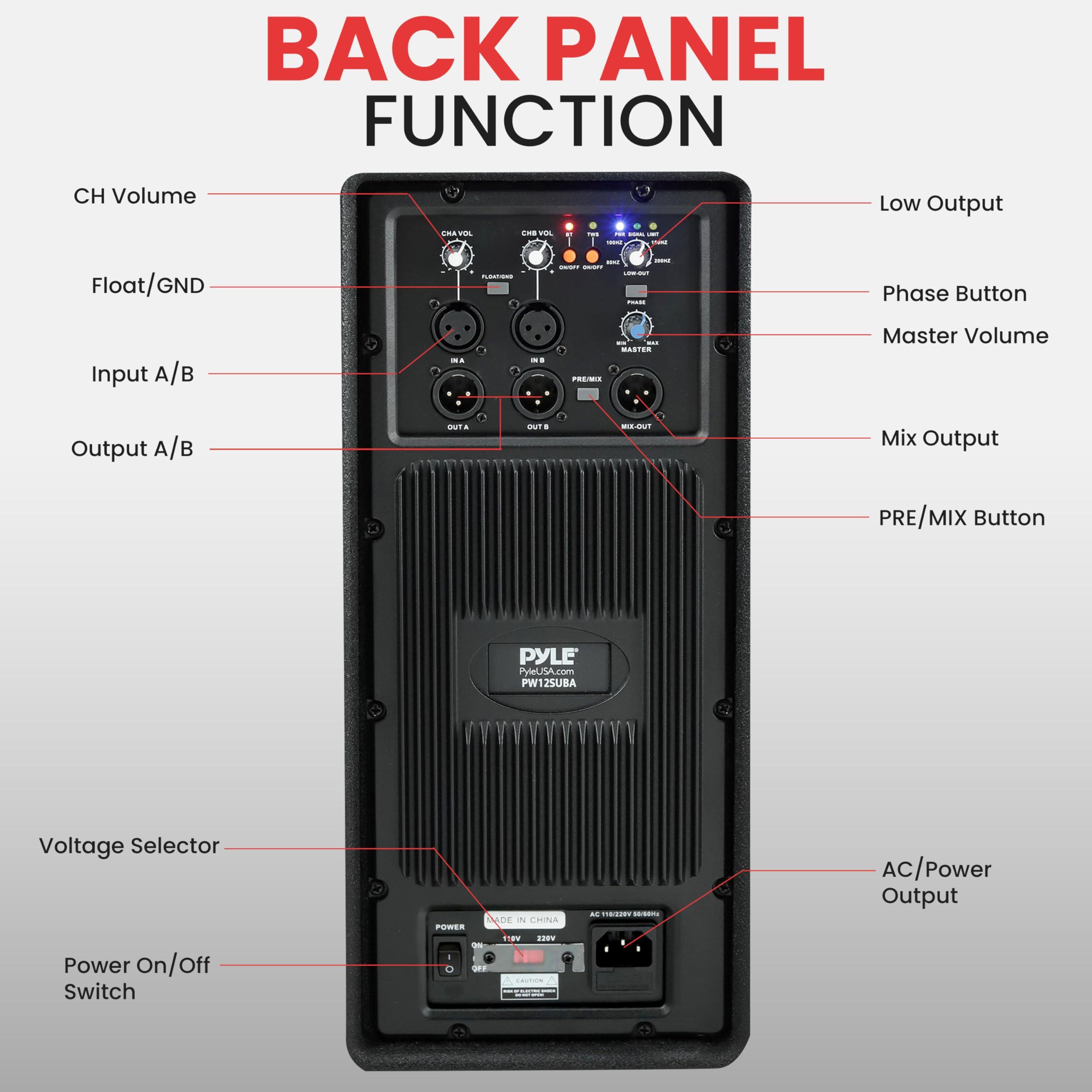 Pyle Pyle 1600 Watt Box Subwoofer Speaker System Set - Active Powered 12 inch Woofer for PA System, Louder Bass, with DSP Digital Signal Processor, Built-in Pole Mount Socket & Carrying Handles