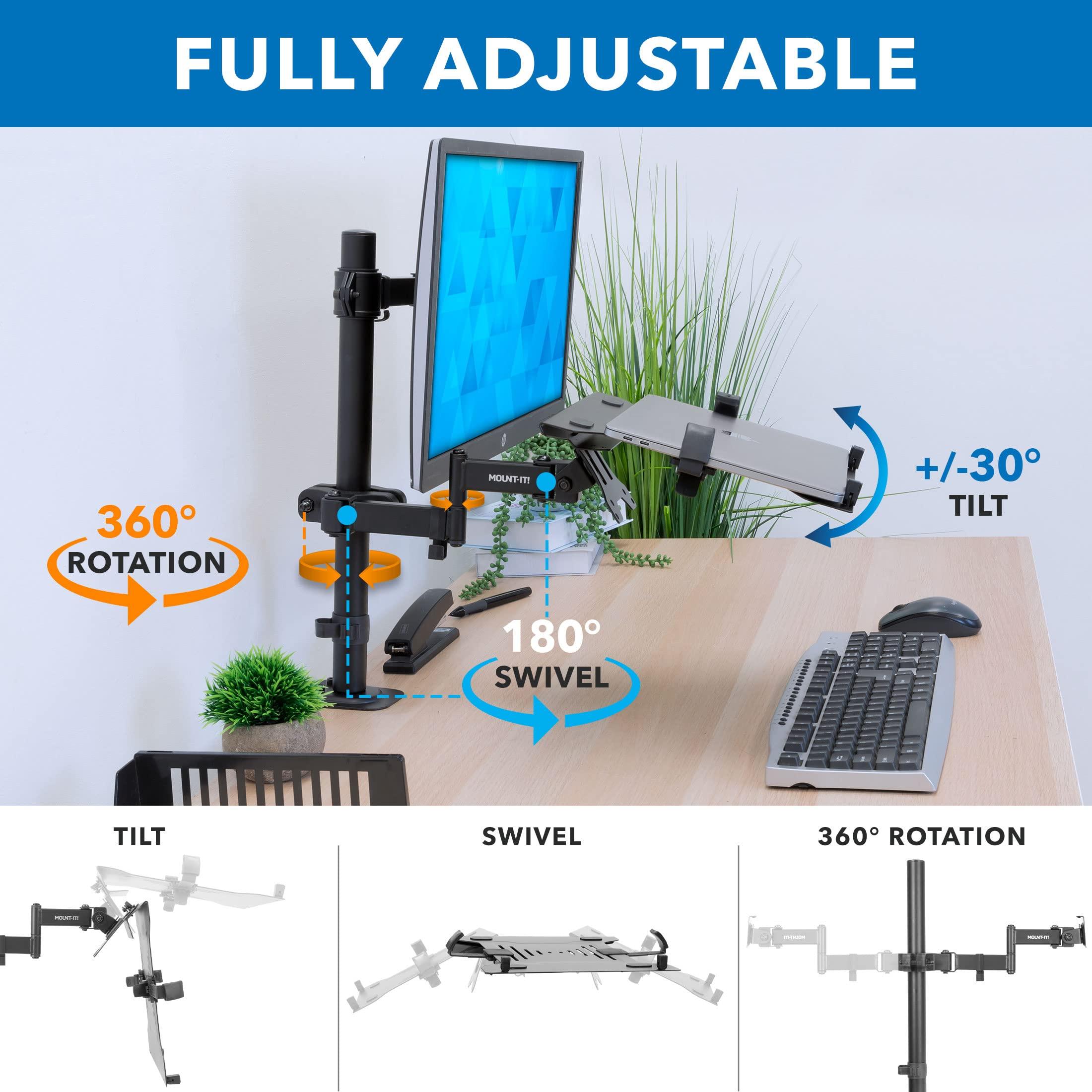 Mount-It! Mount-It! Laptop Pole Mount Tray | Full Motion Laptop Mount Fits Up to 15.6 Laptops | Universal Laptop Stand for Add On to Monitor Mounts