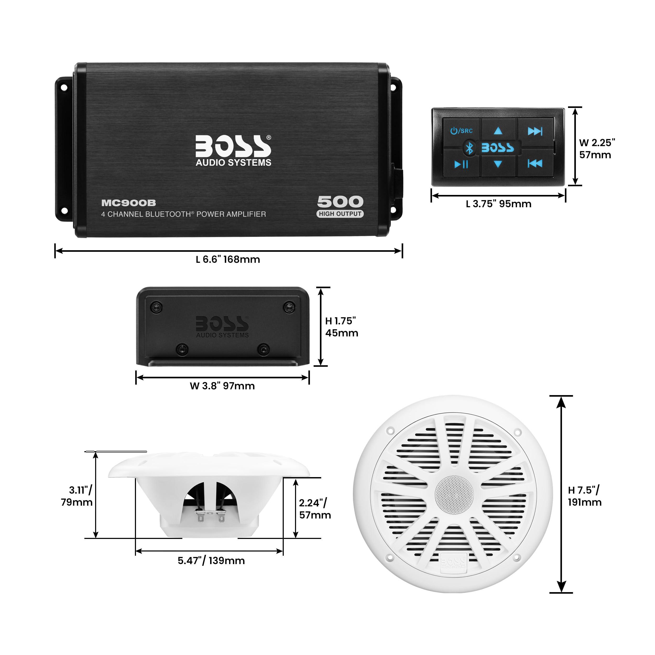BOSS Audio Systems BOSS Audio Systems ASK904B.64 Marine Boat 6.5 inch Speakers and 4 Channel Amplifier - 500 High Output, Bluetooth Remote, USB and Auxiliary, Waterproof Pouch